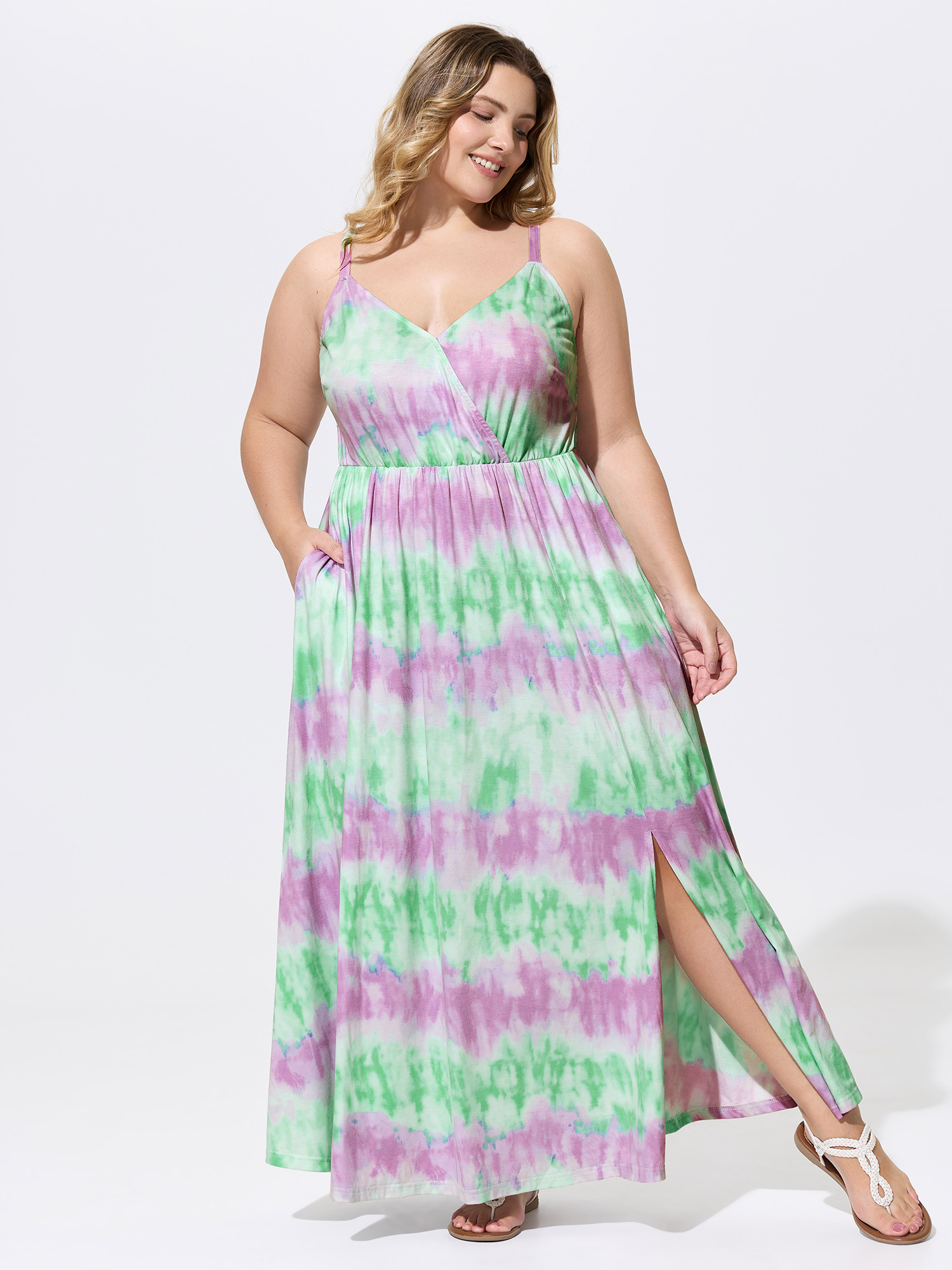 BloomChic Women's Plus Size Tie-Dye Effect Flowy Knit Maxi Dress Multicolor Vacation Maxi V-Neck 10/M