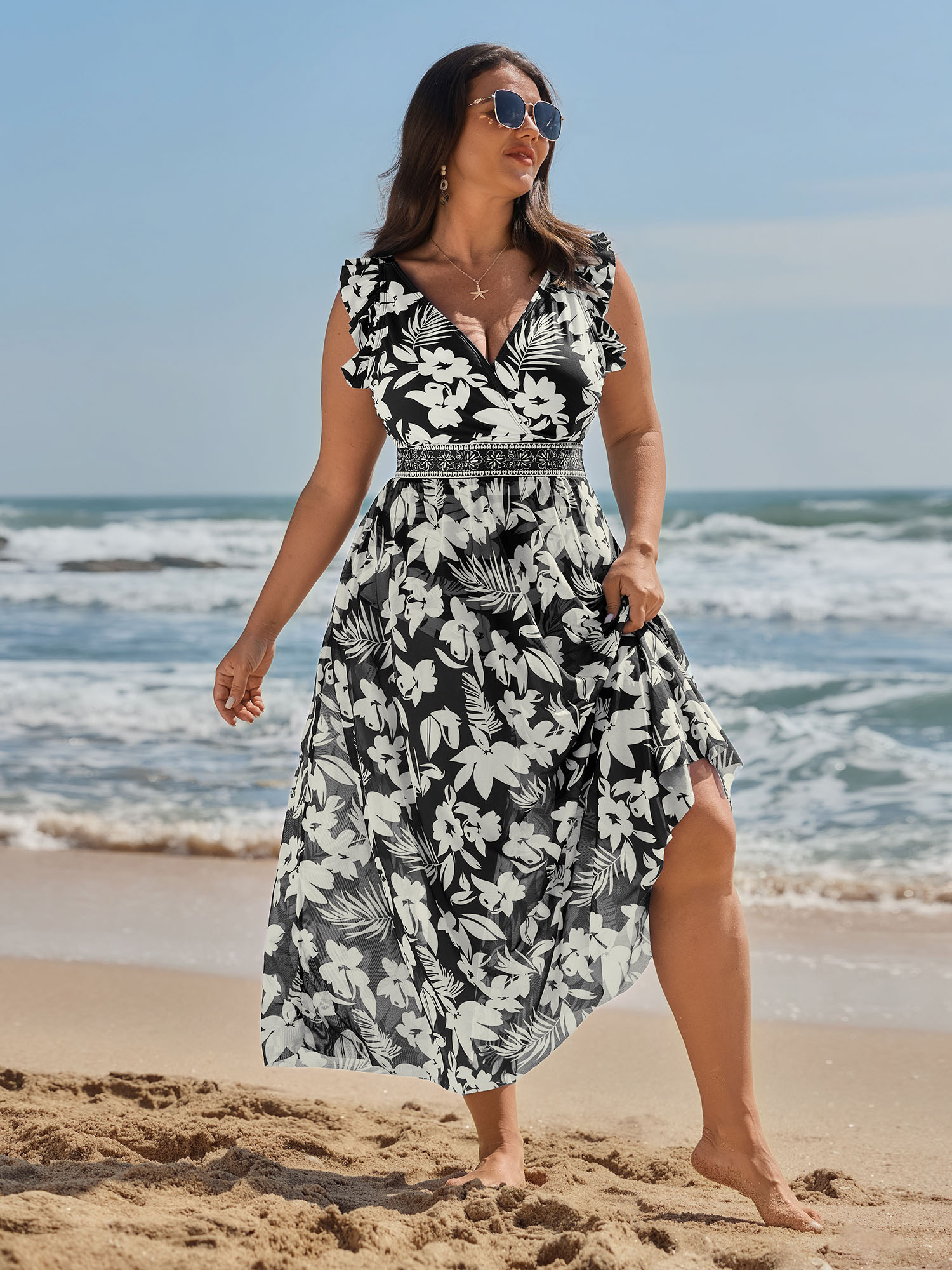 BloomChic Women's Plus Size Sarong Set Tropical Print One-Piece Swim Black Tropical Ruffles Contoured Hip Fit 10/M