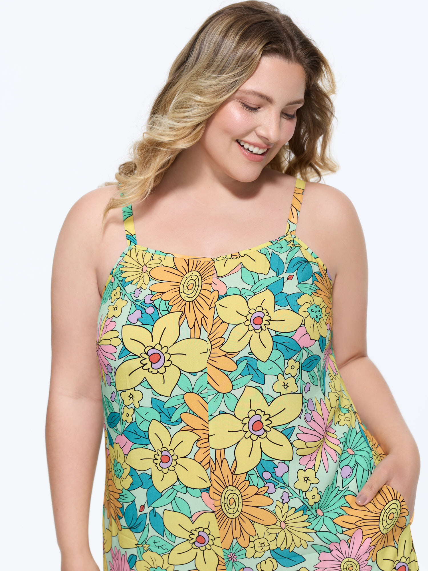 Side view of BloomChic Women's Plus Size Vivid Groove Stretchy Adjustable Jumpsuit Gold Casual Fitted 10/M
