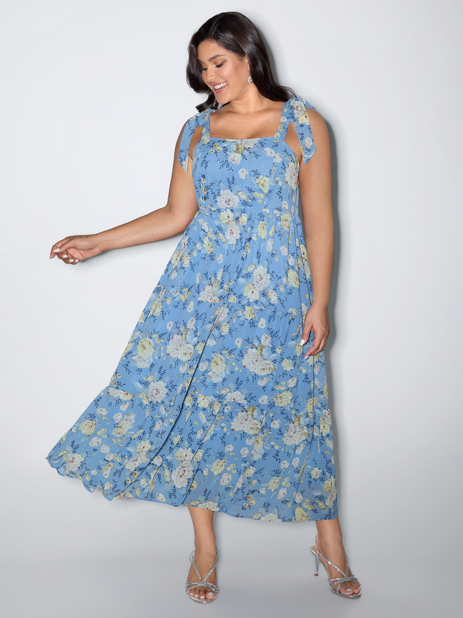 BloomChic Women's Plus Size Floral Print Shoulder-Tie Flowy Maxi Dress Skyblue Party Maxi Lace-Up Square Neck 22-24/3X-image-48345778618538