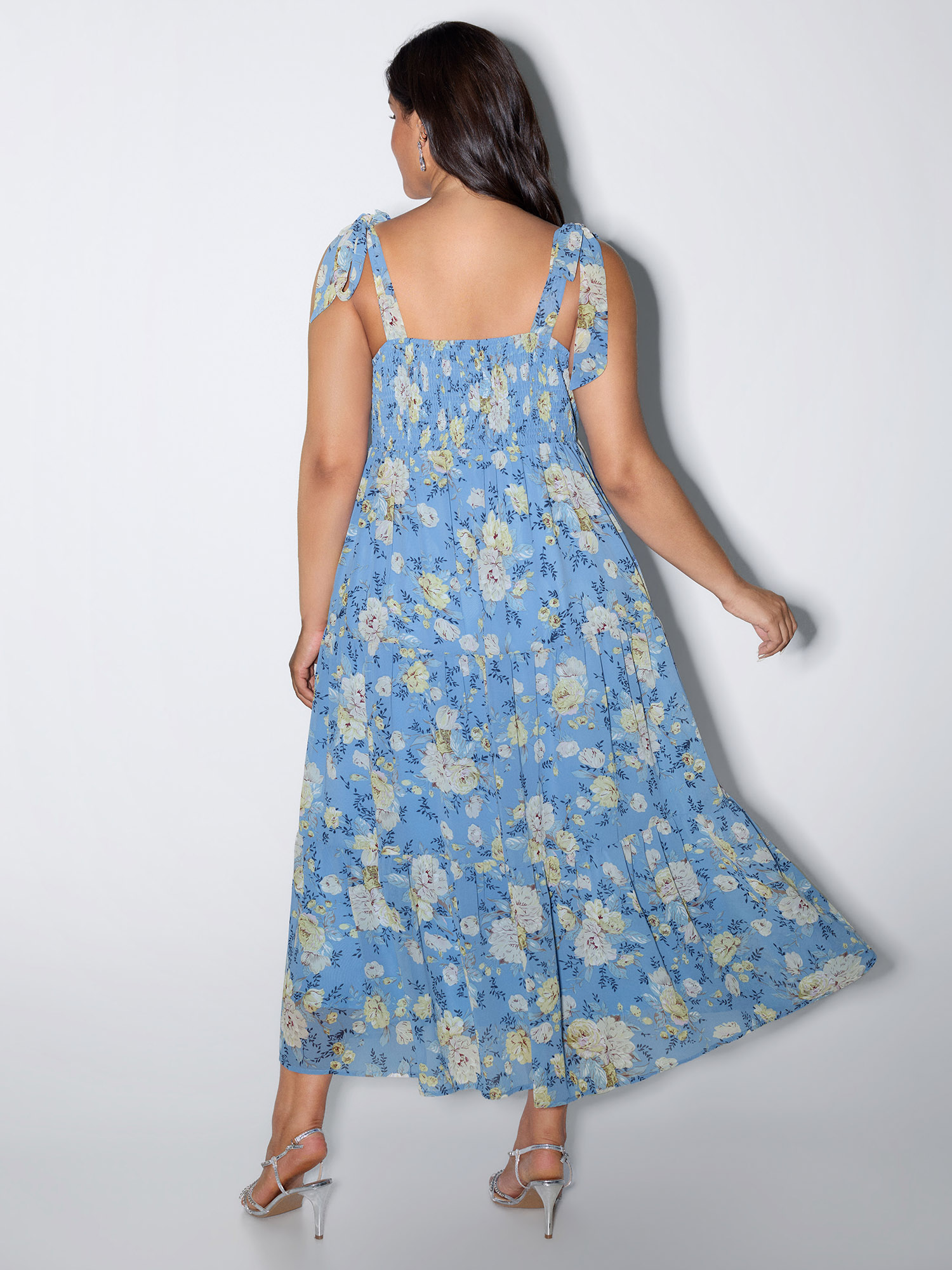 Side view of BloomChic Women's Plus Size Floral Print Shoulder-Tie Flowy Maxi Dress Skyblue Party Maxi Lace-Up Square Neck 18-20/2X