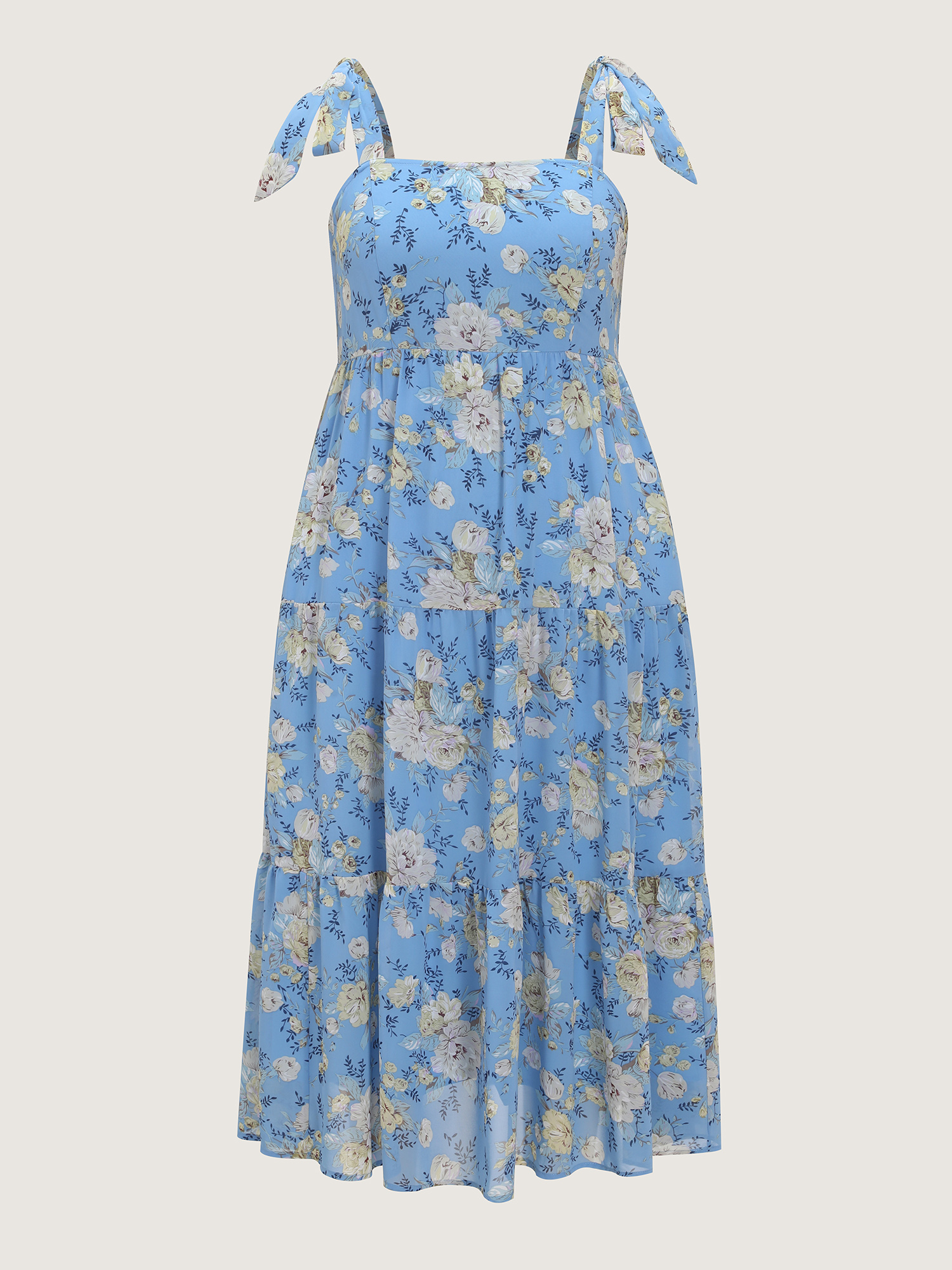 Side view of BloomChic Women's Plus Size Floral Print Shoulder-Tie Flowy Maxi Dress Skyblue Party Maxi Lace-Up Square Neck 18-20/2X