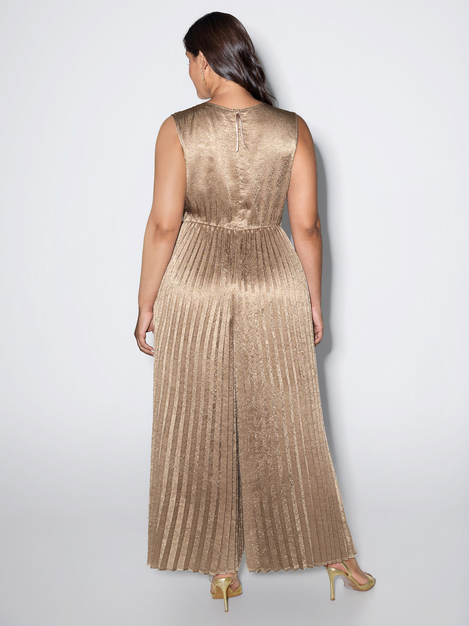 Side view of BloomChic Women's Plus Size Pleated Side-Tie Sleeveless Jumpsuit Bronze Party 18-20/2X