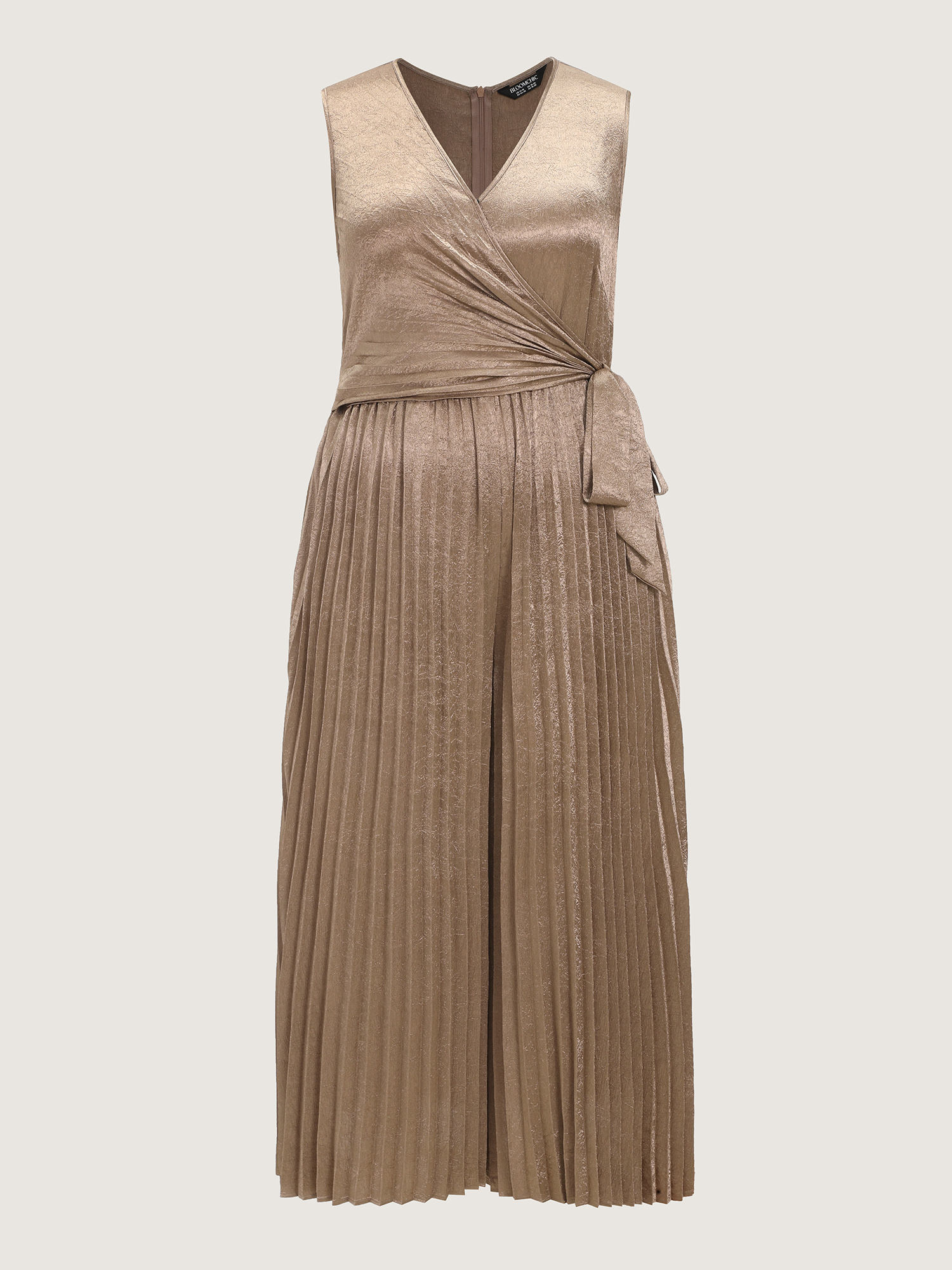 Side view of BloomChic Women's Plus Size Pleated Side-Tie Sleeveless Jumpsuit Bronze Party 18-20/2X