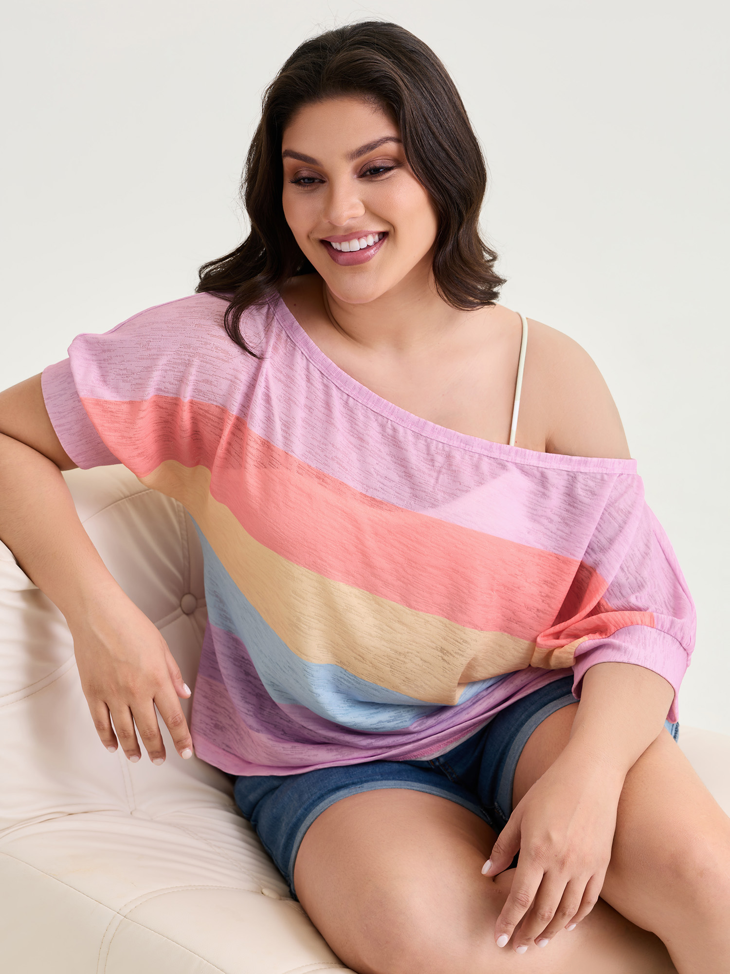 BloomChic Plus Size Sheer Colorblock One-Shoulder T-Shirt - Women's Multicolor Solid Round Neck Comfort Midsection Fit Long Sleeve Playful T-shirts 14/M