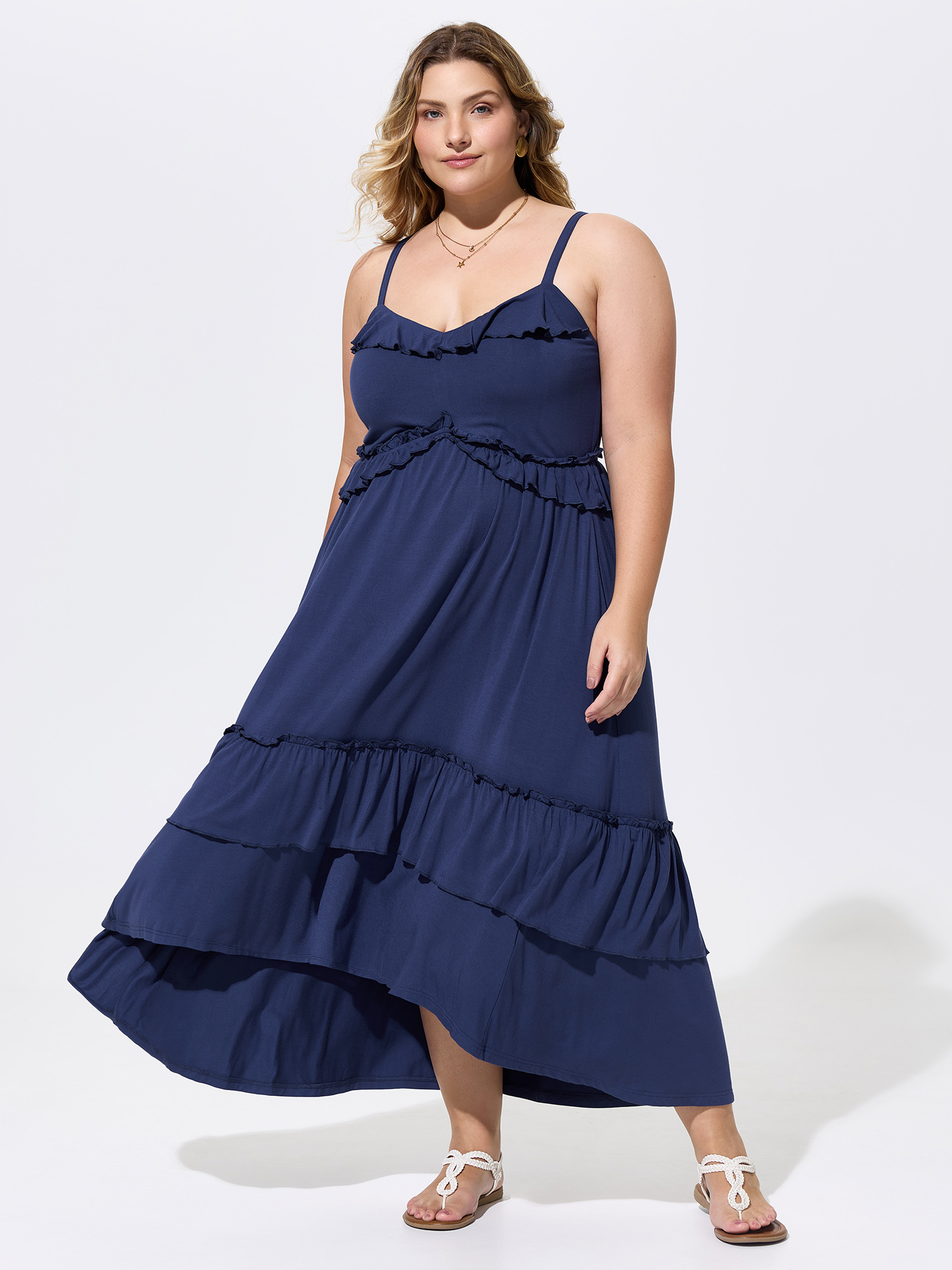 BloomChic Women's Plus Size Supersoft Ruffled Neckline Layered Knit Midi Dress Indigo Vacation Midi Ruffles Sweetheart Neck 10/M