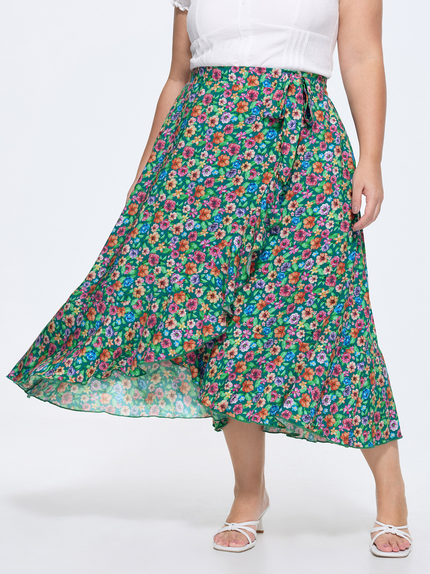 Plus Size Floral Print Wrap Side-Tie Midi Dress - Curve Women's Malachitegreen A-line Mid Rise Belt Side Pocket Skirts 26-28/3X