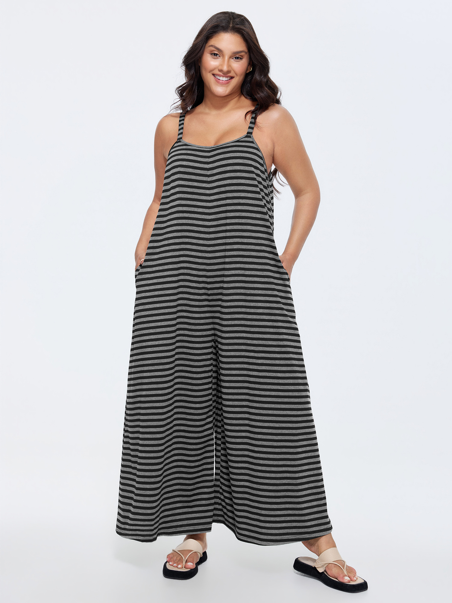 BloomChic Women's Plus Size Striped Print Relaxed-Fit Cami Jumpsuit DimGray Casual 30/6X