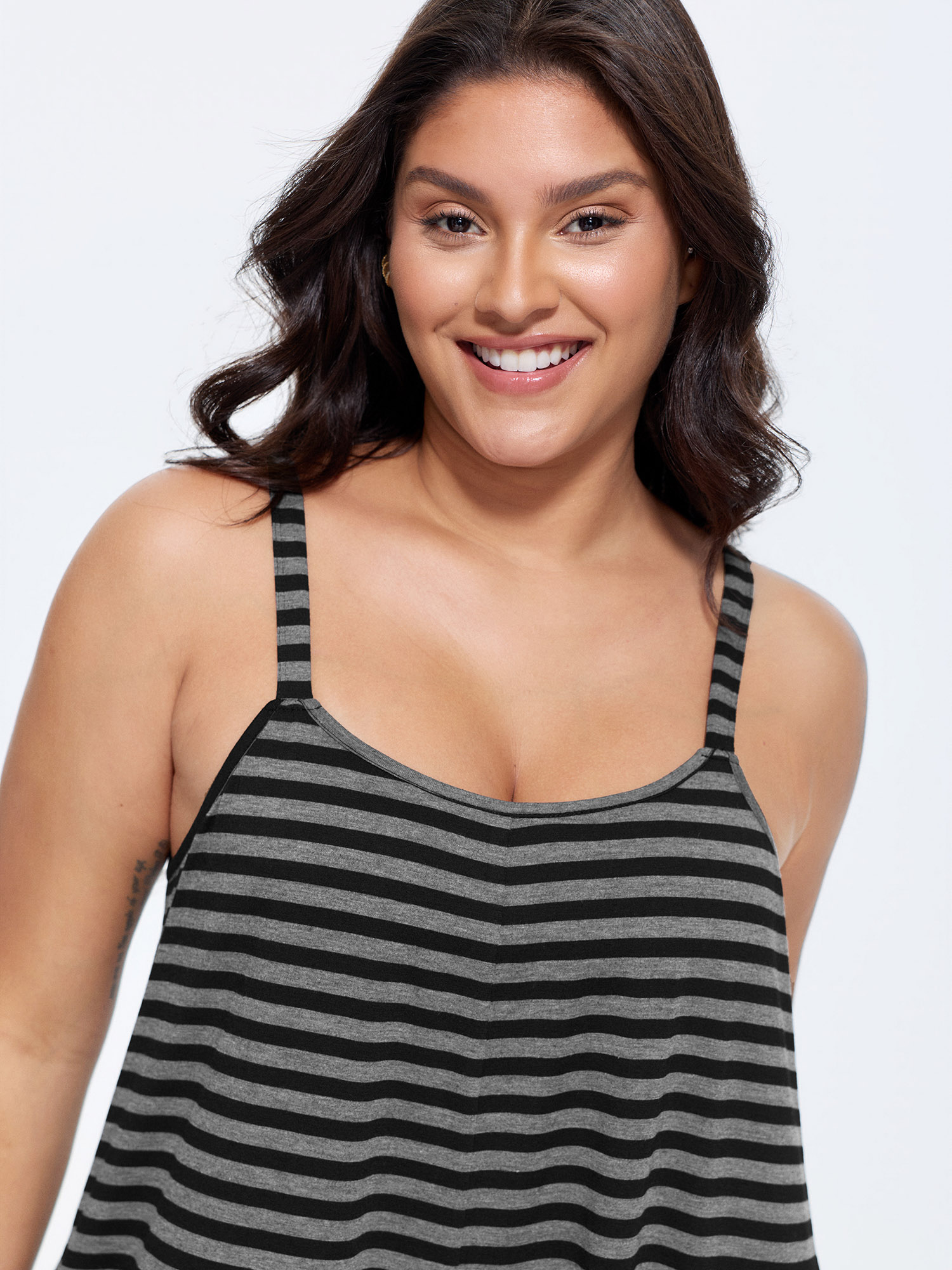 Side view of BloomChic Women's Plus Size Striped Print Relaxed-Fit Cami Jumpsuit DimGray Casual 30/6X