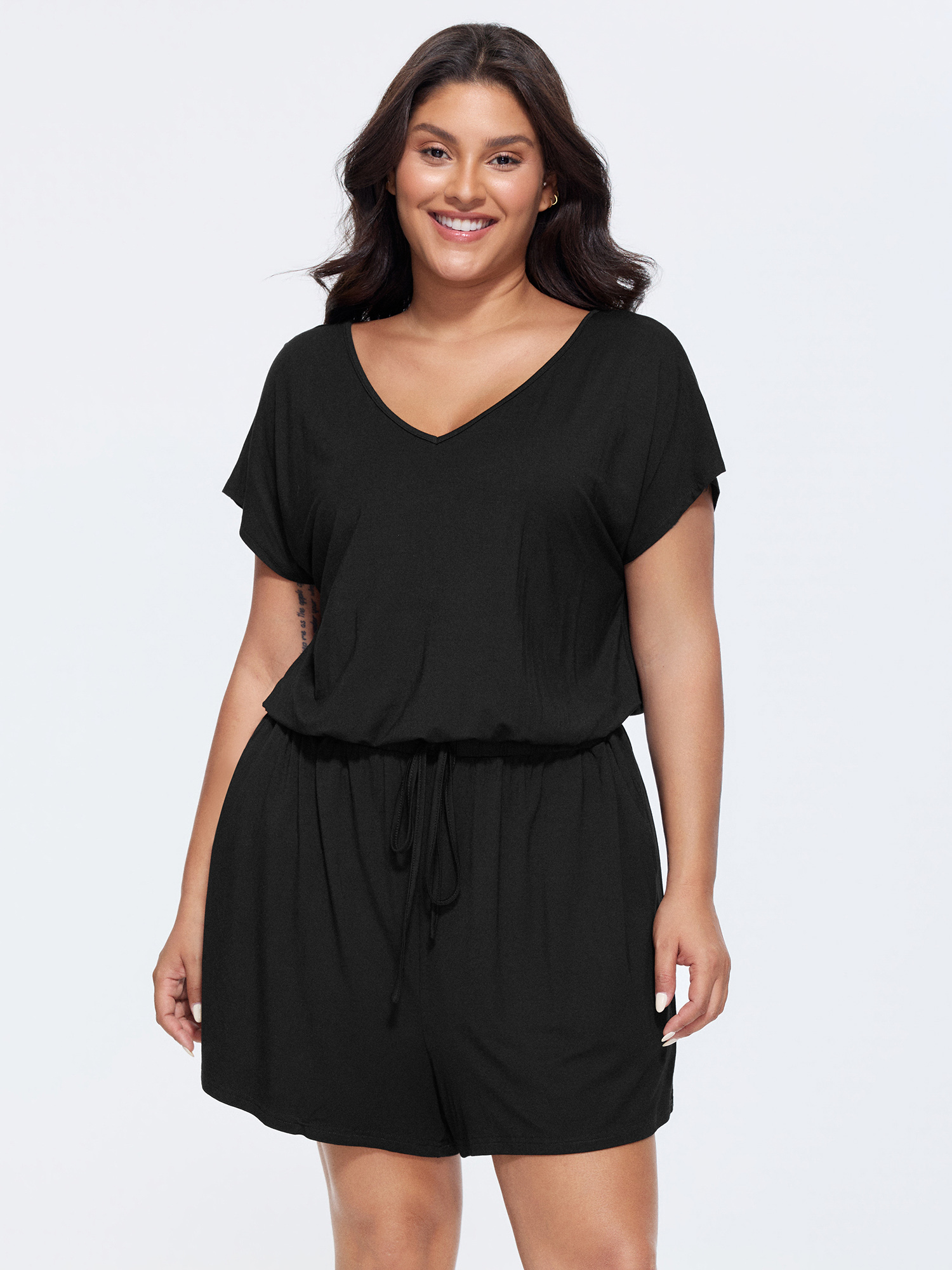 BloomChic Women's Plus Size Supersoft V-Neck Drawstring Romper Black Casual 14-16/1X-image-48346347765930