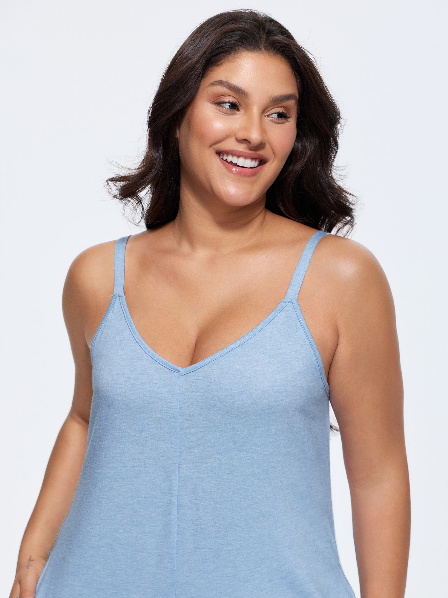 Side view of BloomChic Women's Plus Size Supersoft Stretchy Cami Straight-Leg Lounge Jumpsuit LightBlue not graphics 12/L