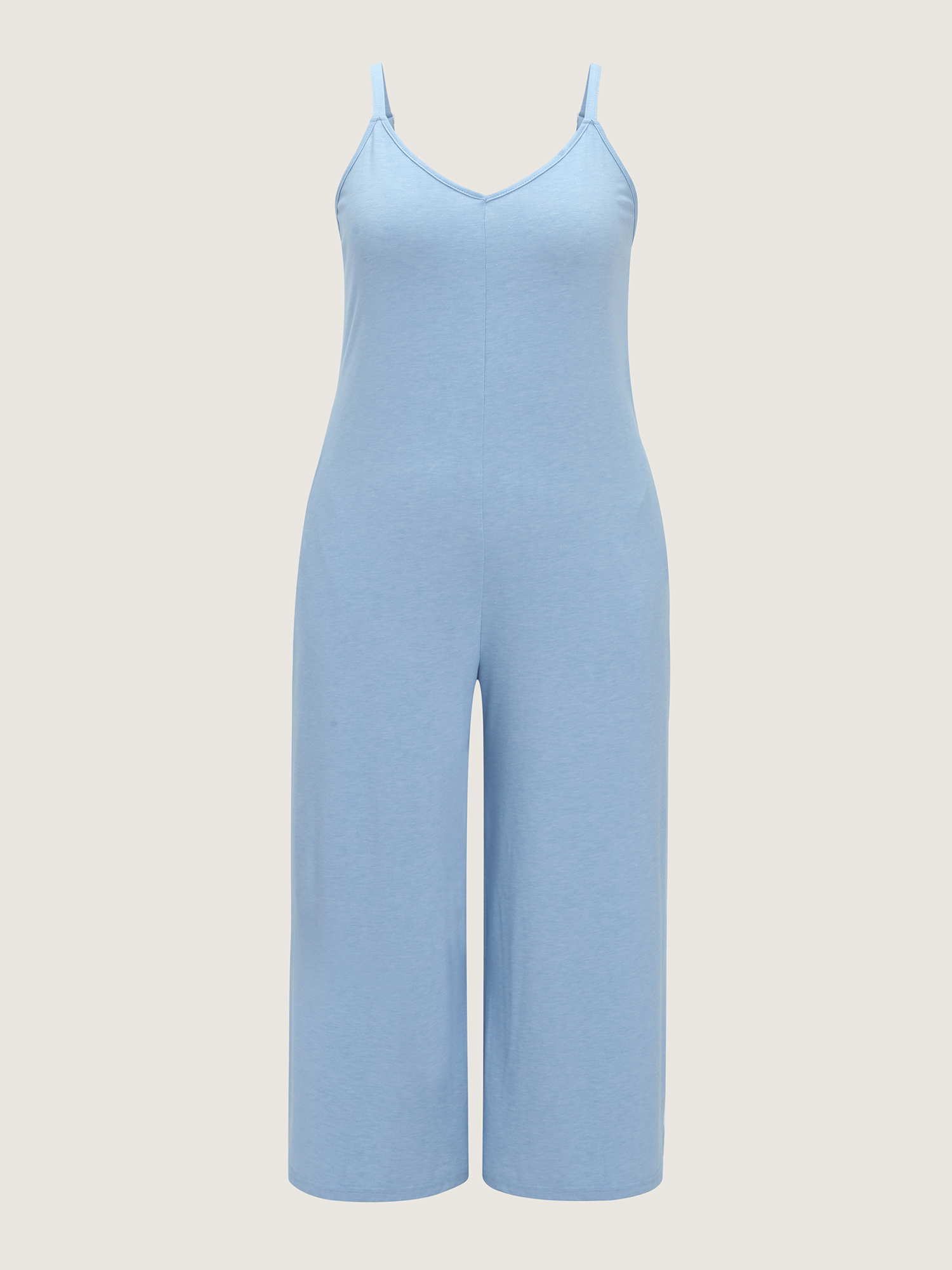 Side view of BloomChic Women's Plus Size Supersoft Stretchy Cami Straight-Leg Lounge Jumpsuit LightBlue not graphics 12/L