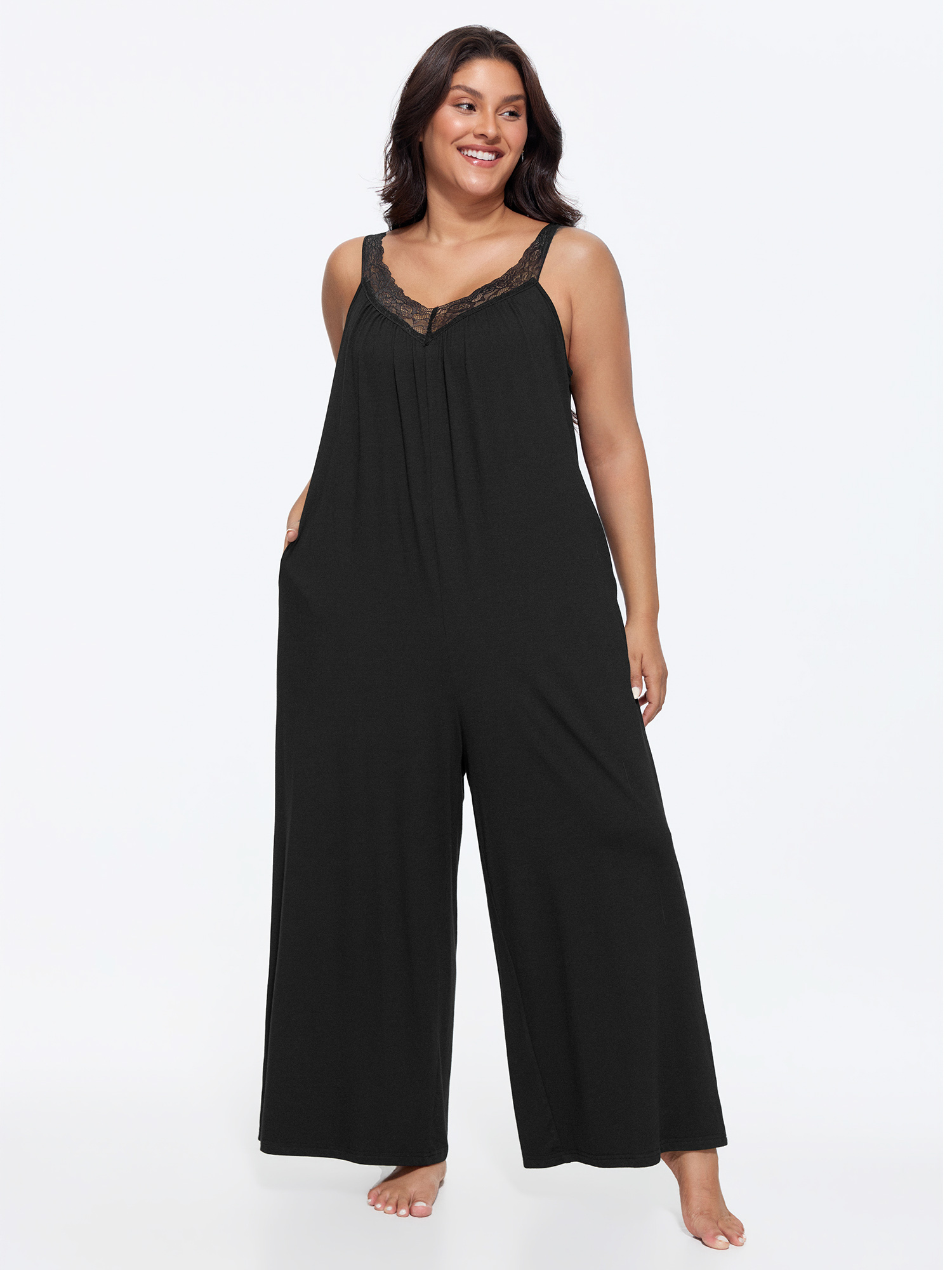 BloomChic Women's Plus Size Supersoft Stretchy Sheer Neckline Relaxed-Fit Lounge Jumpsuit Black not graphics 14-16/1X-image-48346347503786