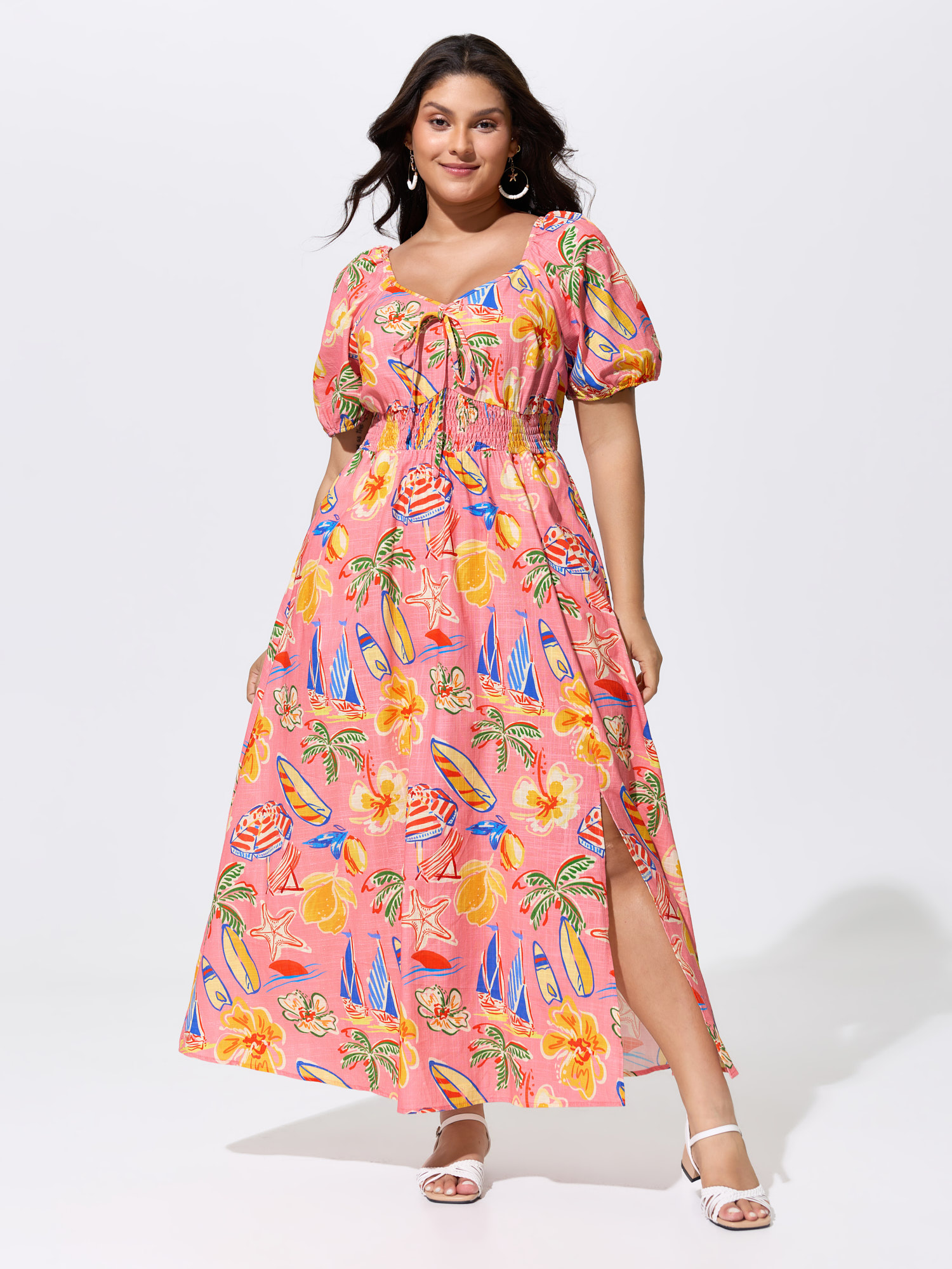 BloomChic Women's Plus Size Tropical Vacation Print Shirred Waist Maxi Dress Multicolor Palm Maxi Vacation Lace-Up 22-24/3X