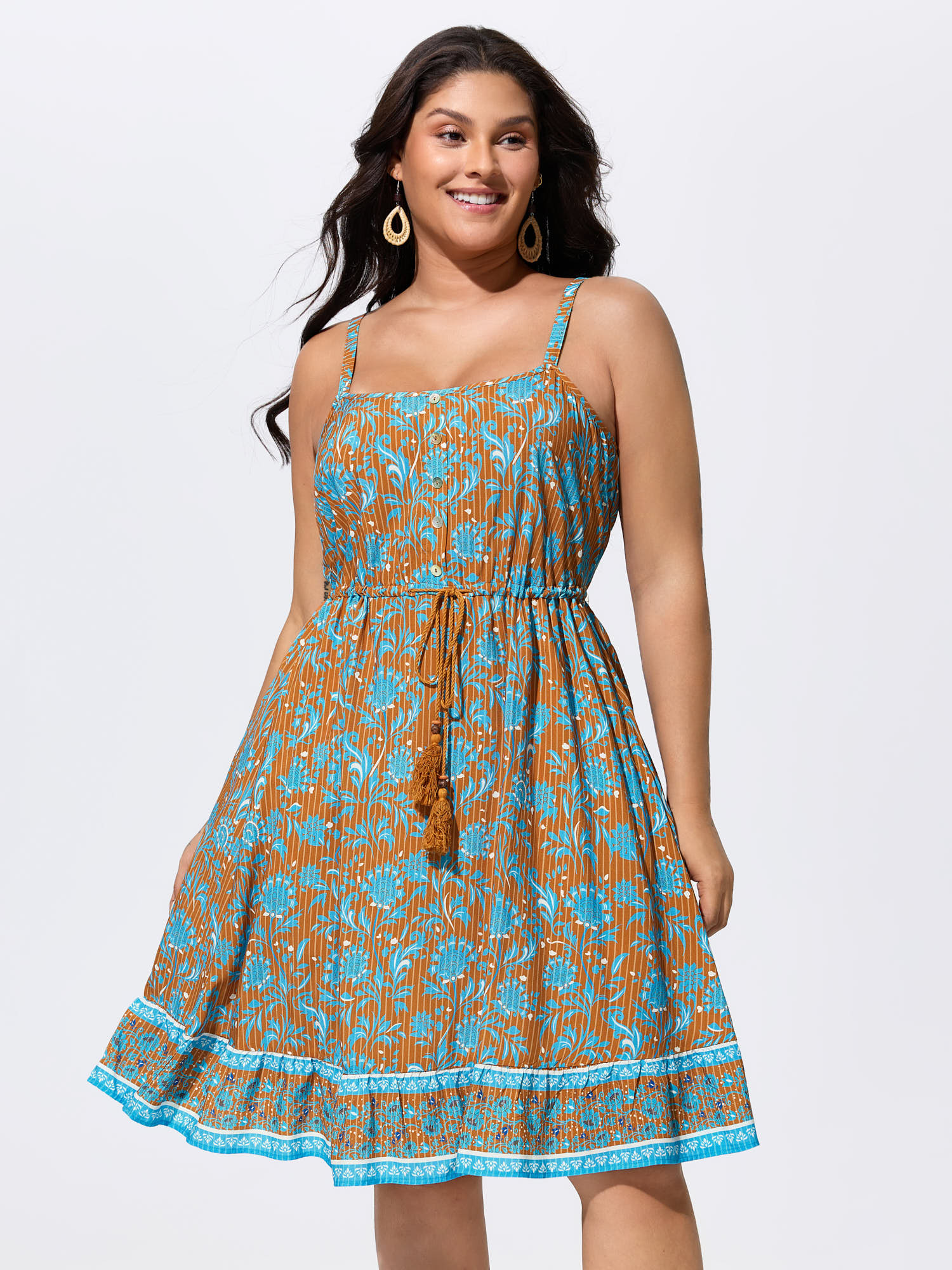 BloomChic Women's Plus Size Floral Striped Print Button Detail Mini Dress Cerulean Floral Knee Length Vacation Tassels 10/M