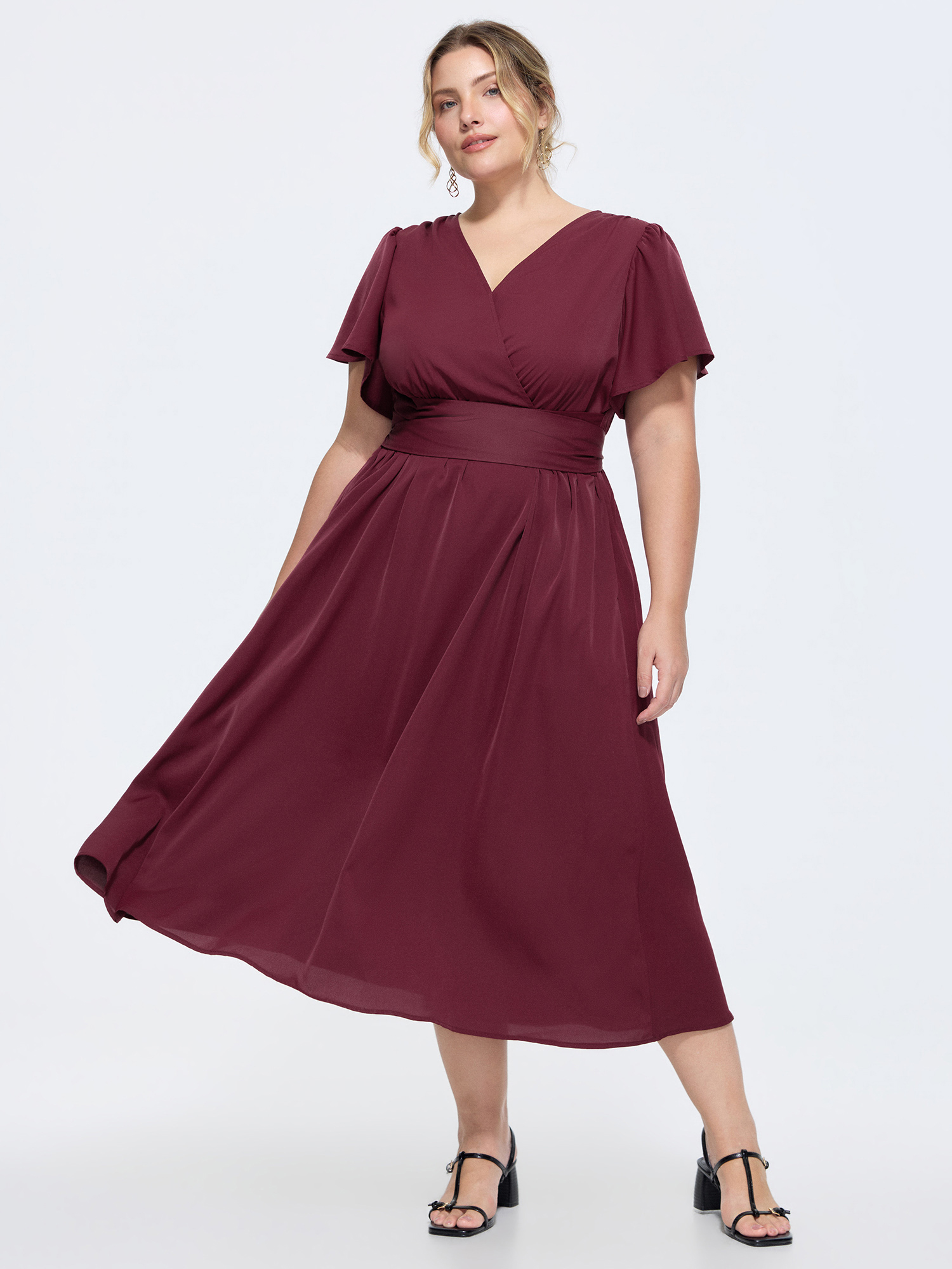 BloomChic Women's Plus Size Ruffled Sleeve Waist-Tie Midi Dress Plum Solid Maxi Elegant Lace-Up 22-24/3X