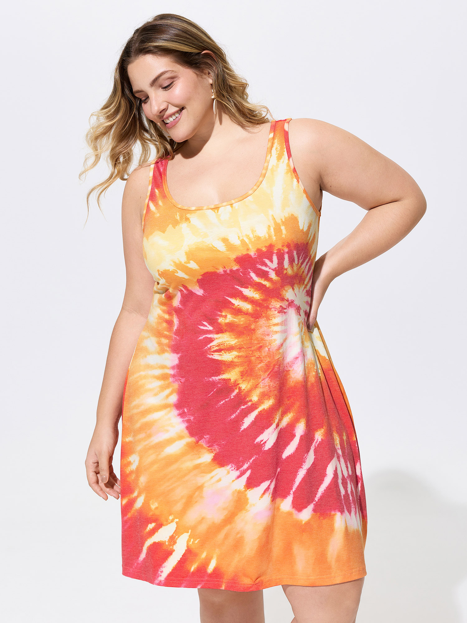 BloomChic Women's Plus Size Stretchy Tie-Dye Effect Sleeveless Mini Knit Dress Brightorange Vacation Knee Length Non U-Neck 10/M