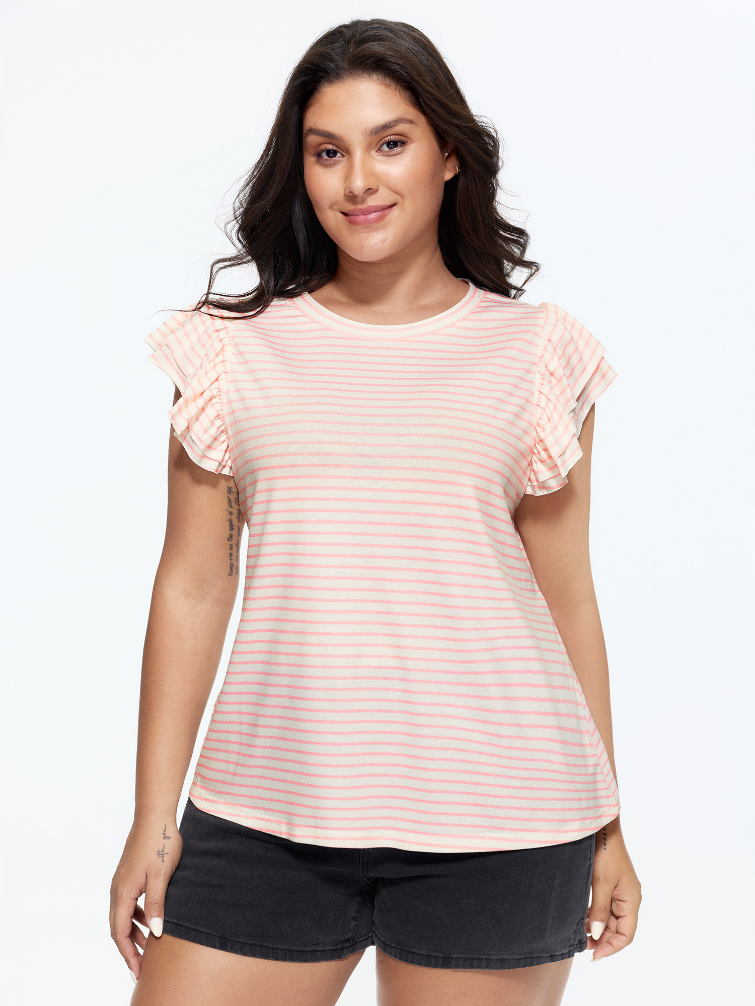 BloomChic Women's Plus Size Supersoft Stretchy Sheer Ruffled Sleeve T-Shirt Originalwhite Stripes Everyday-Casual Cap Sleeve Round Neck 22-24/3X