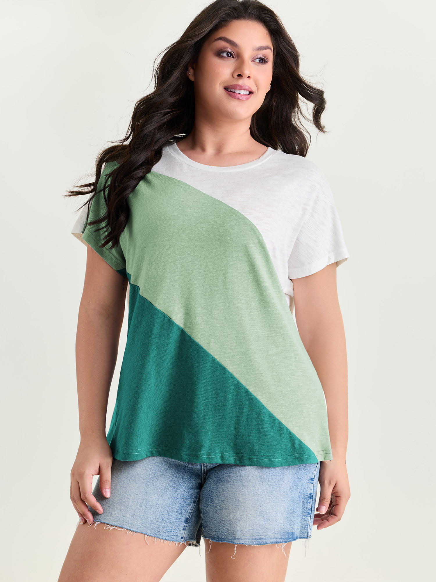 BloomChic Women's Plus Size Colorblock Textured Round Neck T-Shirt Mint Color Block Everyday-Casual Short sleeve Round Neck 10/M