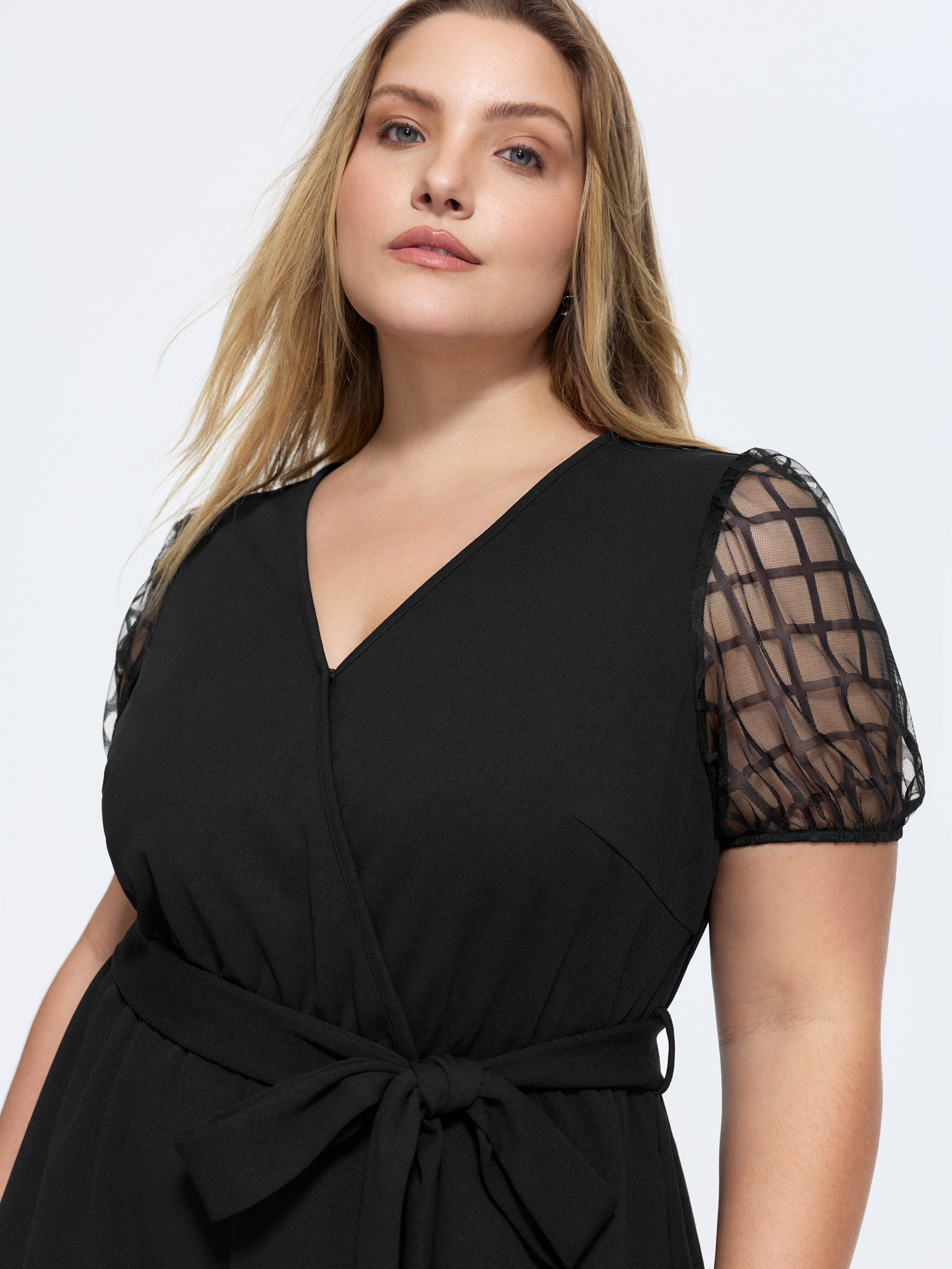 BloomChic Women's Plus Size Sheer Sleeves Waist-Tie Romper Pureblack Office 30/6X-image-48384869695658