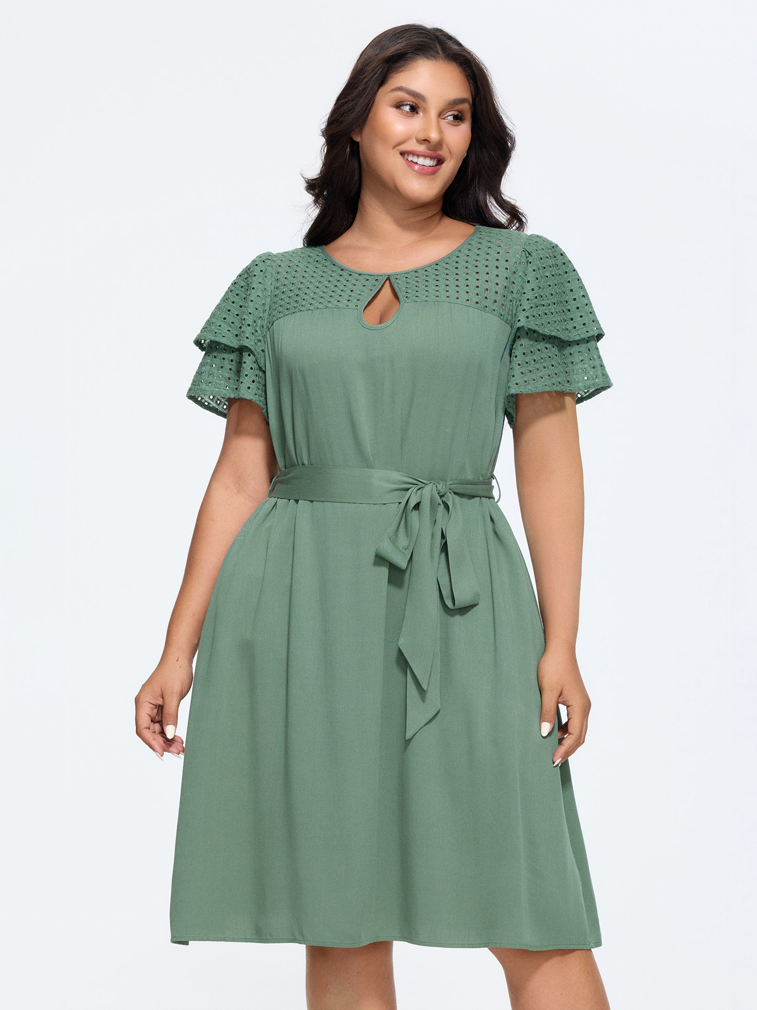 BloomChic Women's Plus Size Cotton Layered Sleeve Textured Waist-Tie Midi Dress Emerald Solid Knee Length Casual 30/6X