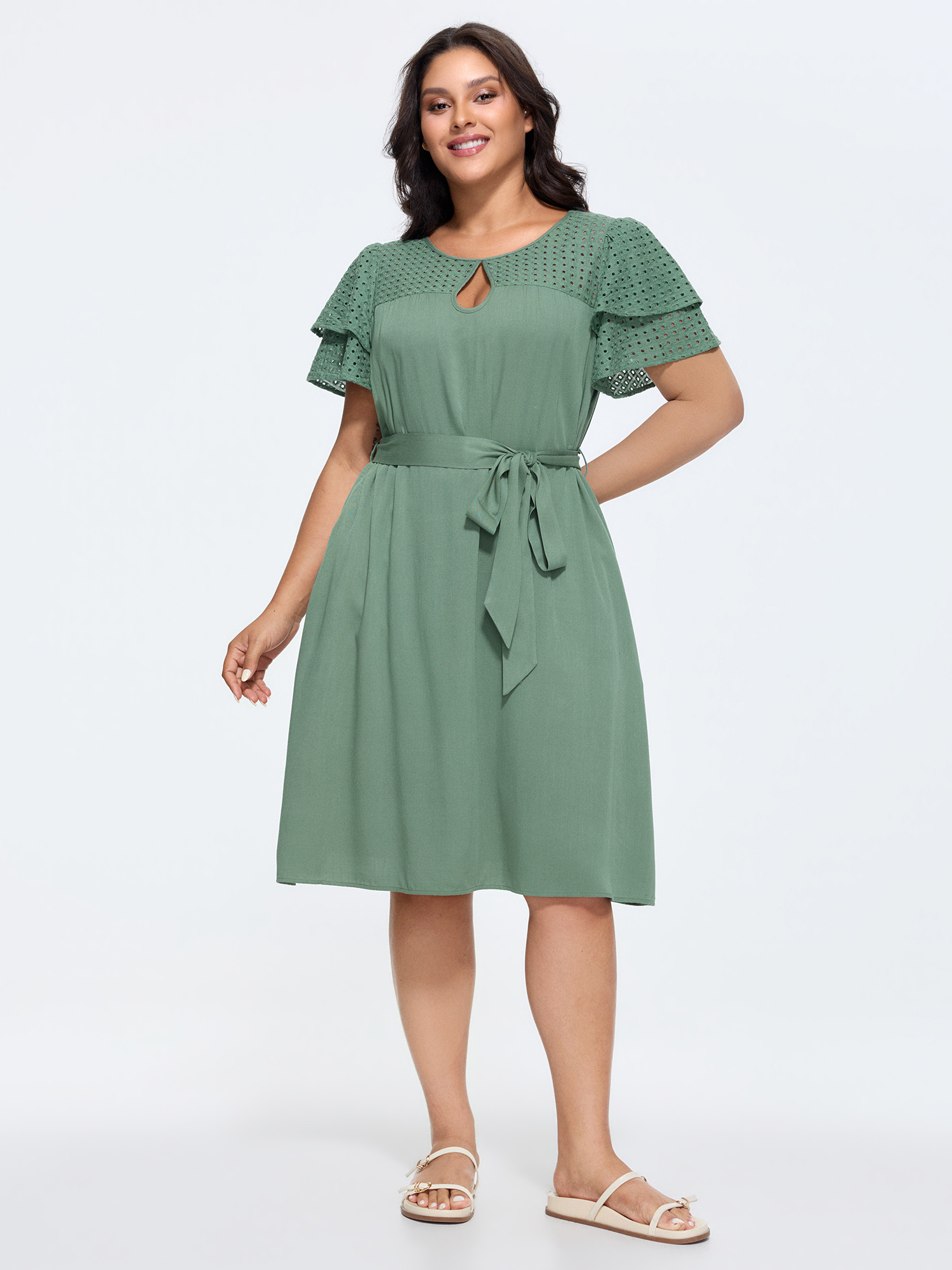 Side view of BloomChic Women's Plus Size Cotton Layered Sleeve Textured Waist-Tie Midi Dress Emerald Solid Knee Length Casual 30/6X