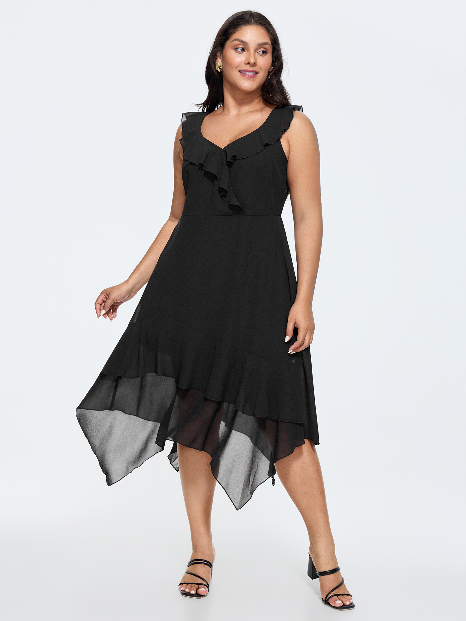 BloomChic Women's Plus Size Chiffon Ruffled Neckline High Low Hem Midi Dress Black Solid Midi Everyday-Elegant Ruffles 26/4X