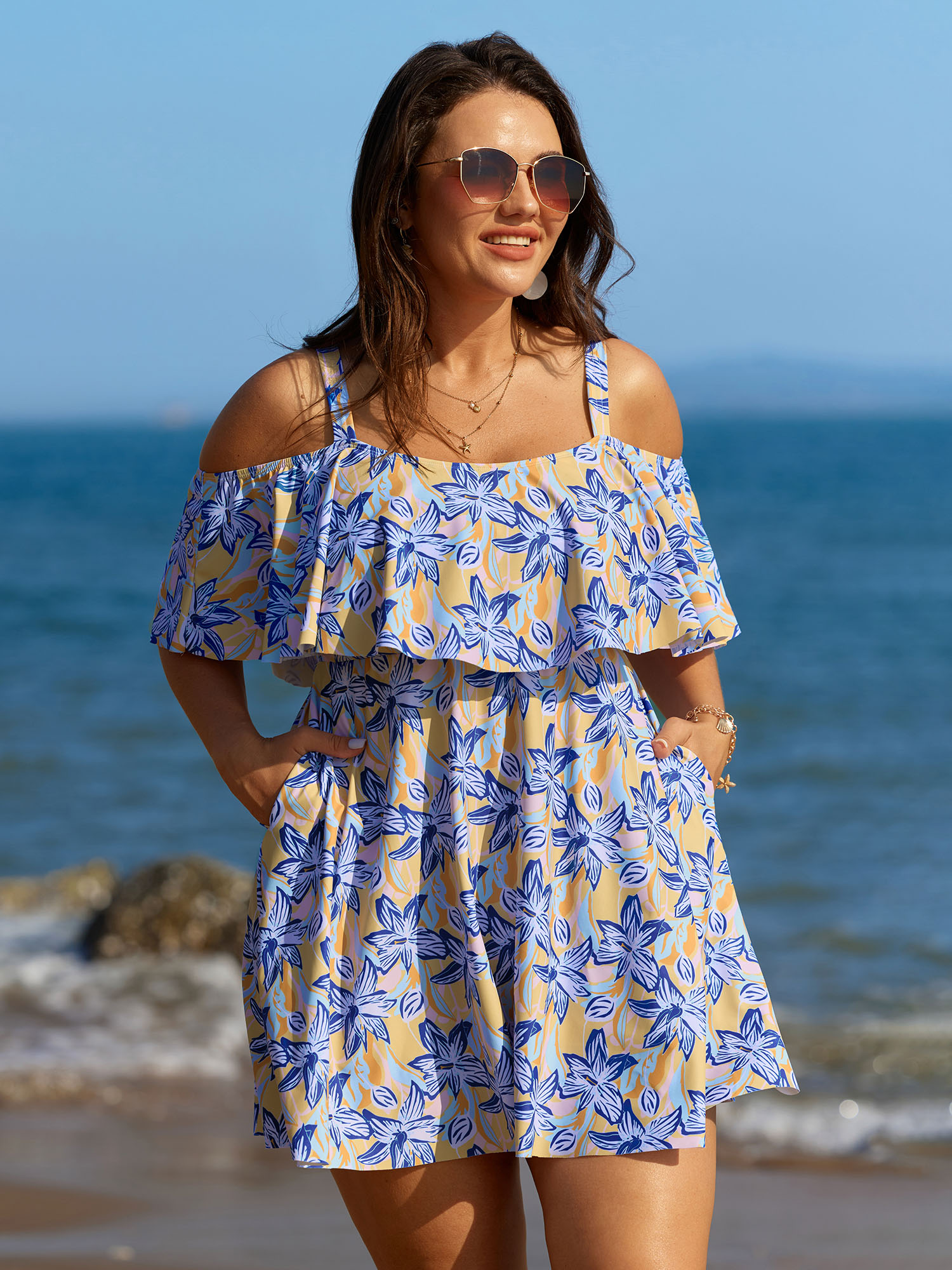 BloomChic Women's Plus Size Floral Ruffle Trim Off Shoulder Pockets Swim Dress Multicolor Floral Non Stay-Put Hem Detail 10/M