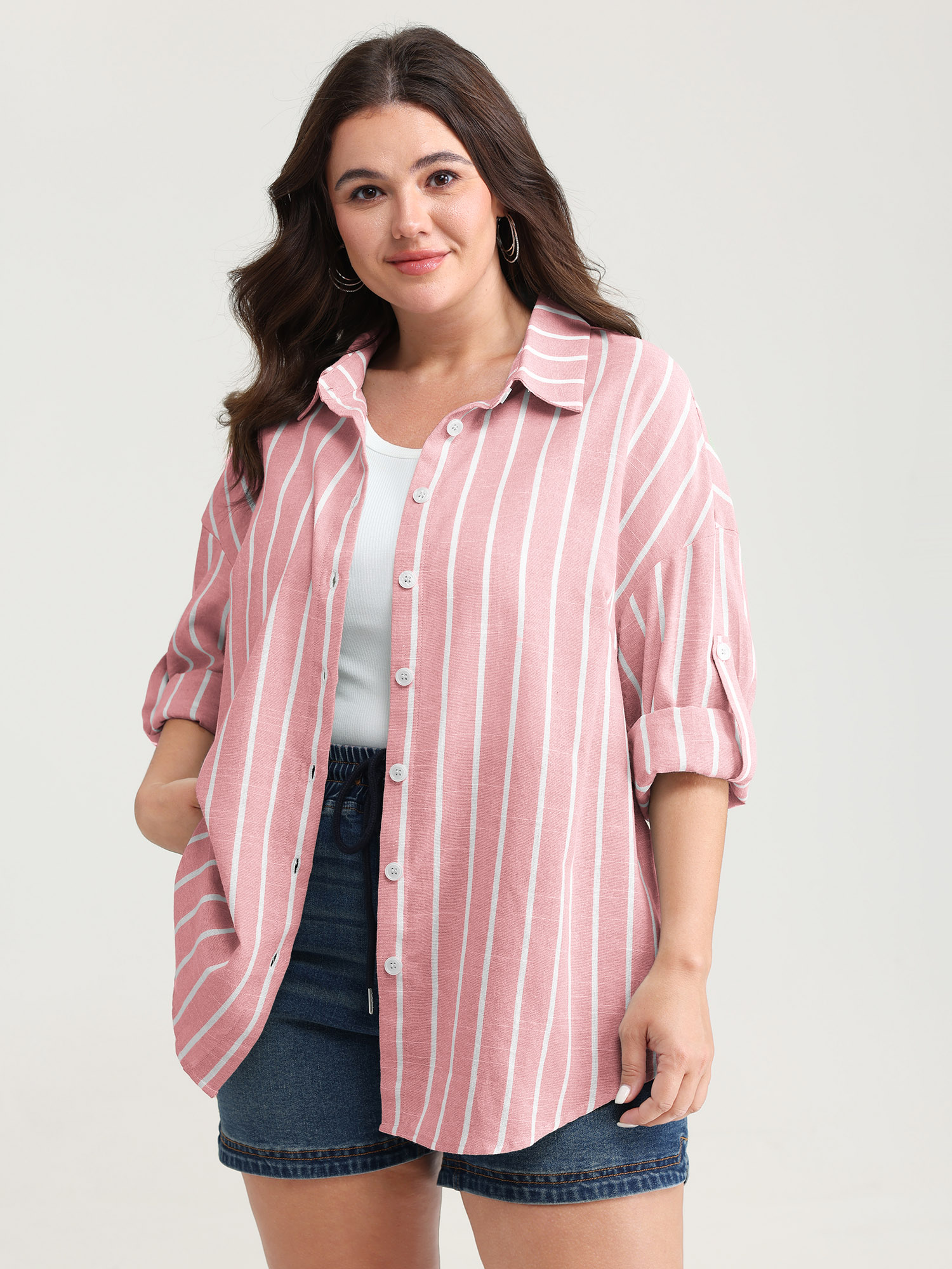 BloomChic Women's Plus Size Adjustable Tab Sleeve Button-Down Shirt Lightpink Everyday-Casual Extra Long Sleeve 10/M