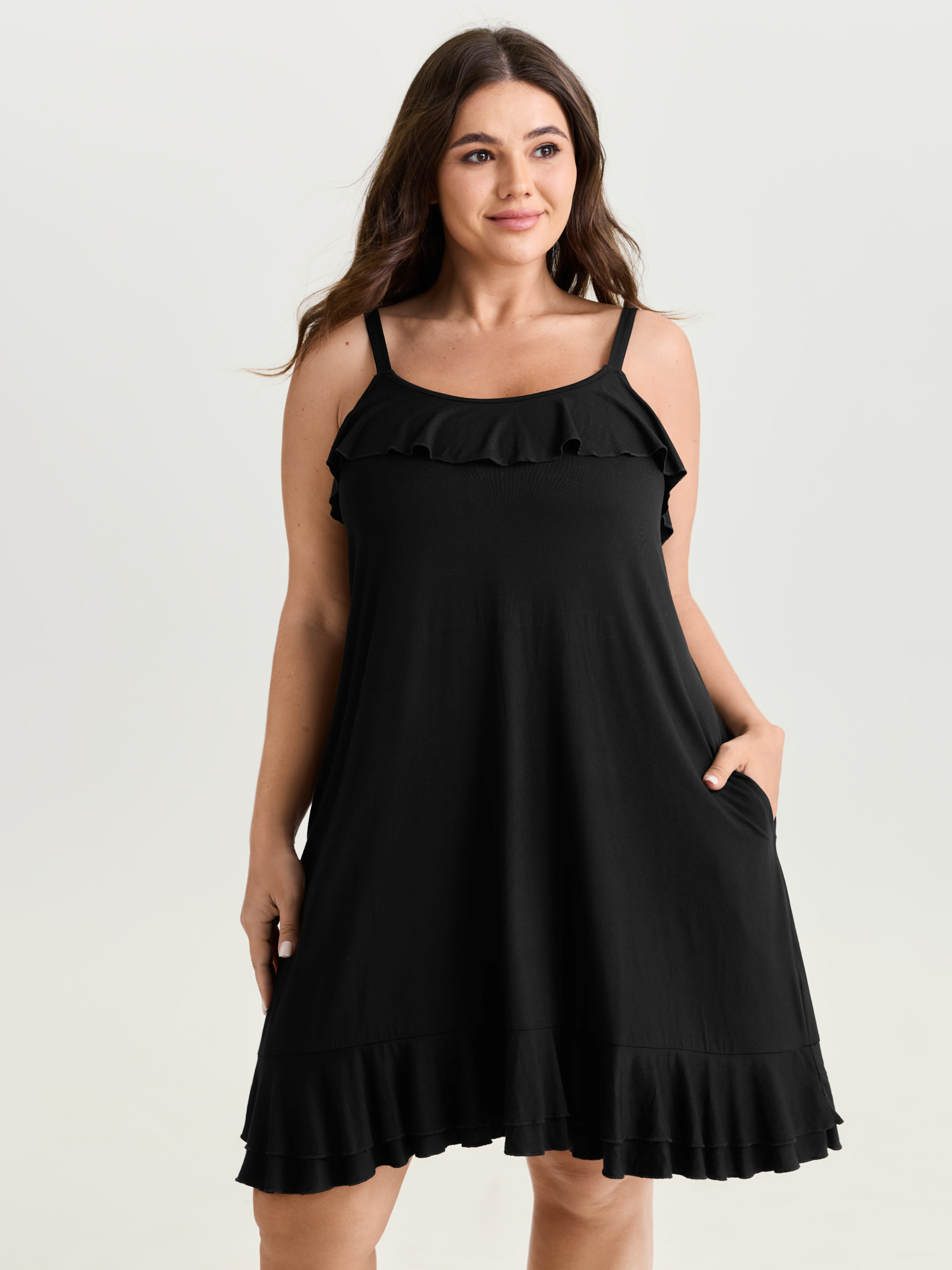 BloomChic Women's Plus Size Supersoft Stretchy Ruffled Neckline Lounge Dress Black not graphics Knee Length 22-24/3X-image-48352020791466
