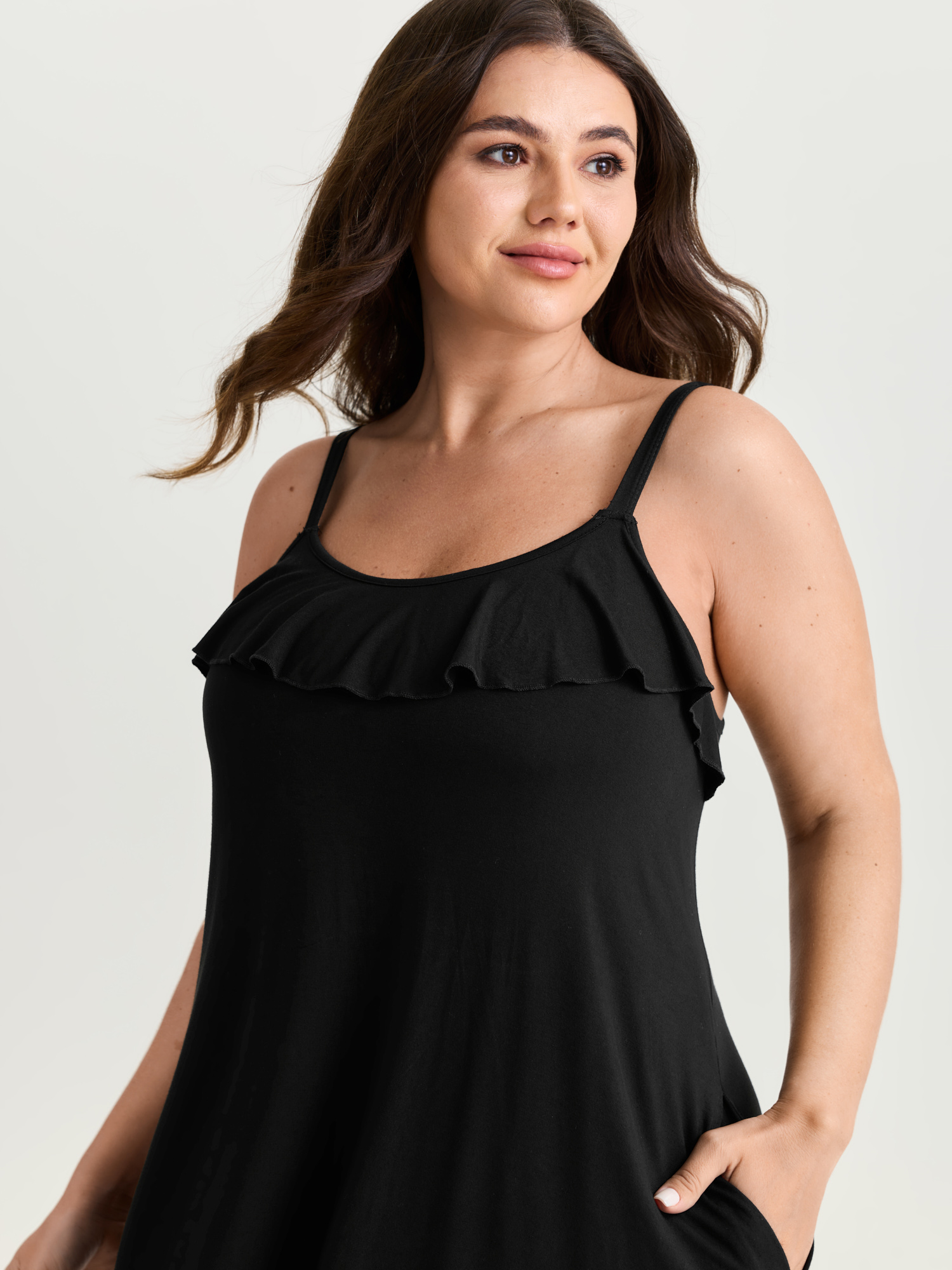 Side view of BloomChic Women's Plus Size Supersoft Stretchy Ruffled Neckline Lounge Dress Black not graphics Knee Length 28/5X