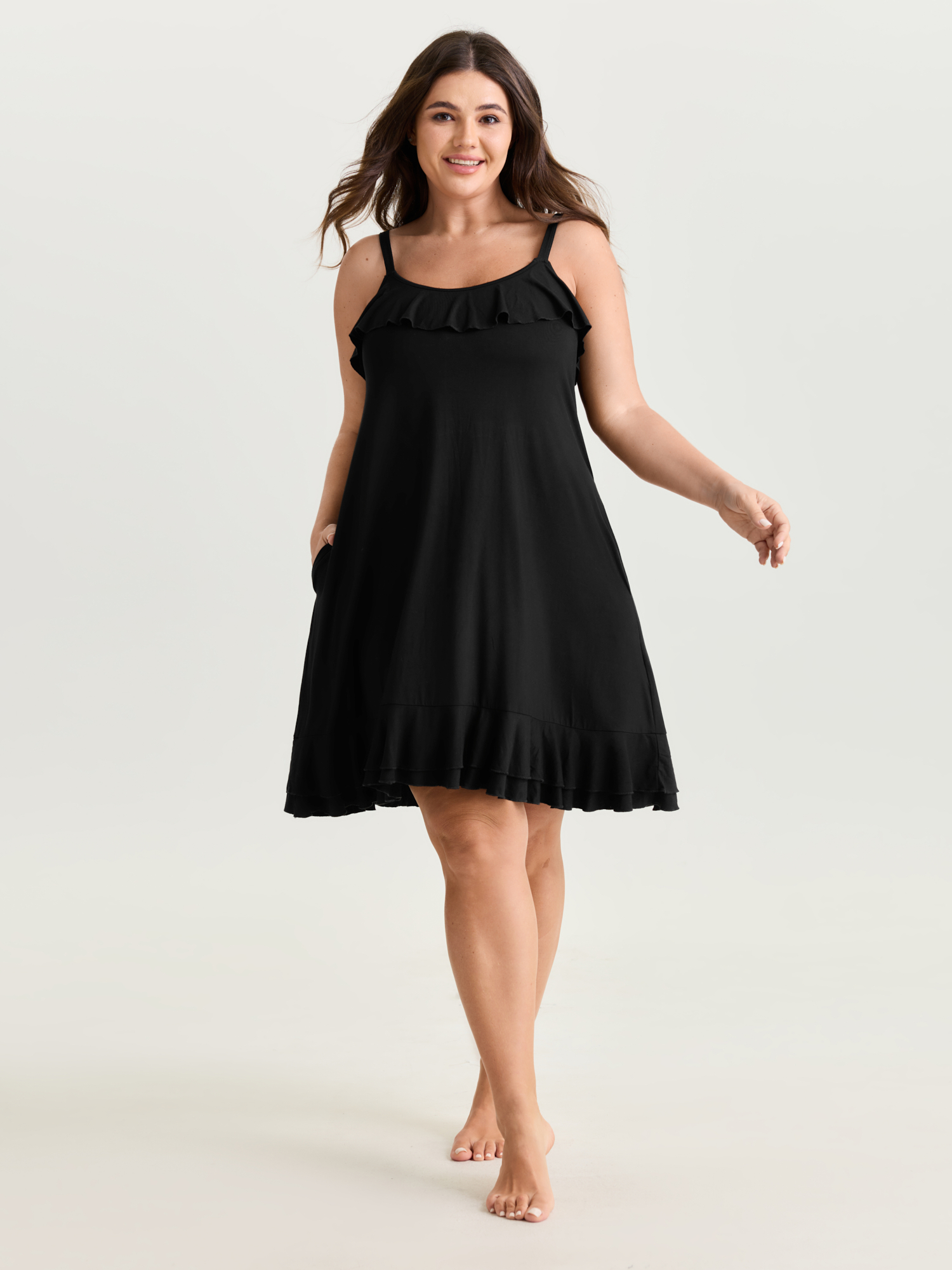 Side view of BloomChic Women's Plus Size Supersoft Stretchy Ruffled Neckline Lounge Dress Black not graphics Knee Length 28/5X