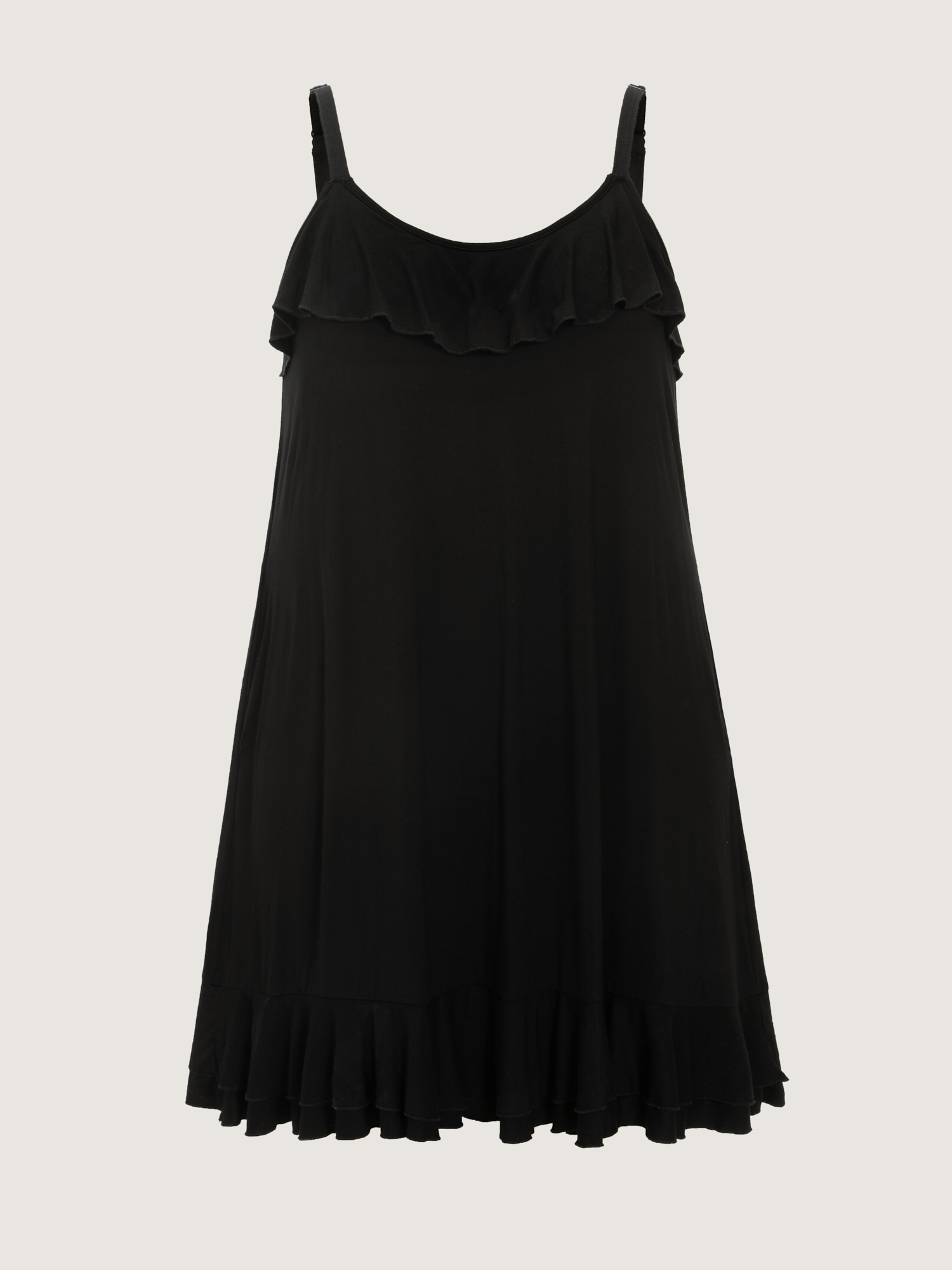 Side view of BloomChic Women's Plus Size Supersoft Stretchy Ruffled Neckline Lounge Dress Black not graphics Knee Length 28/5X