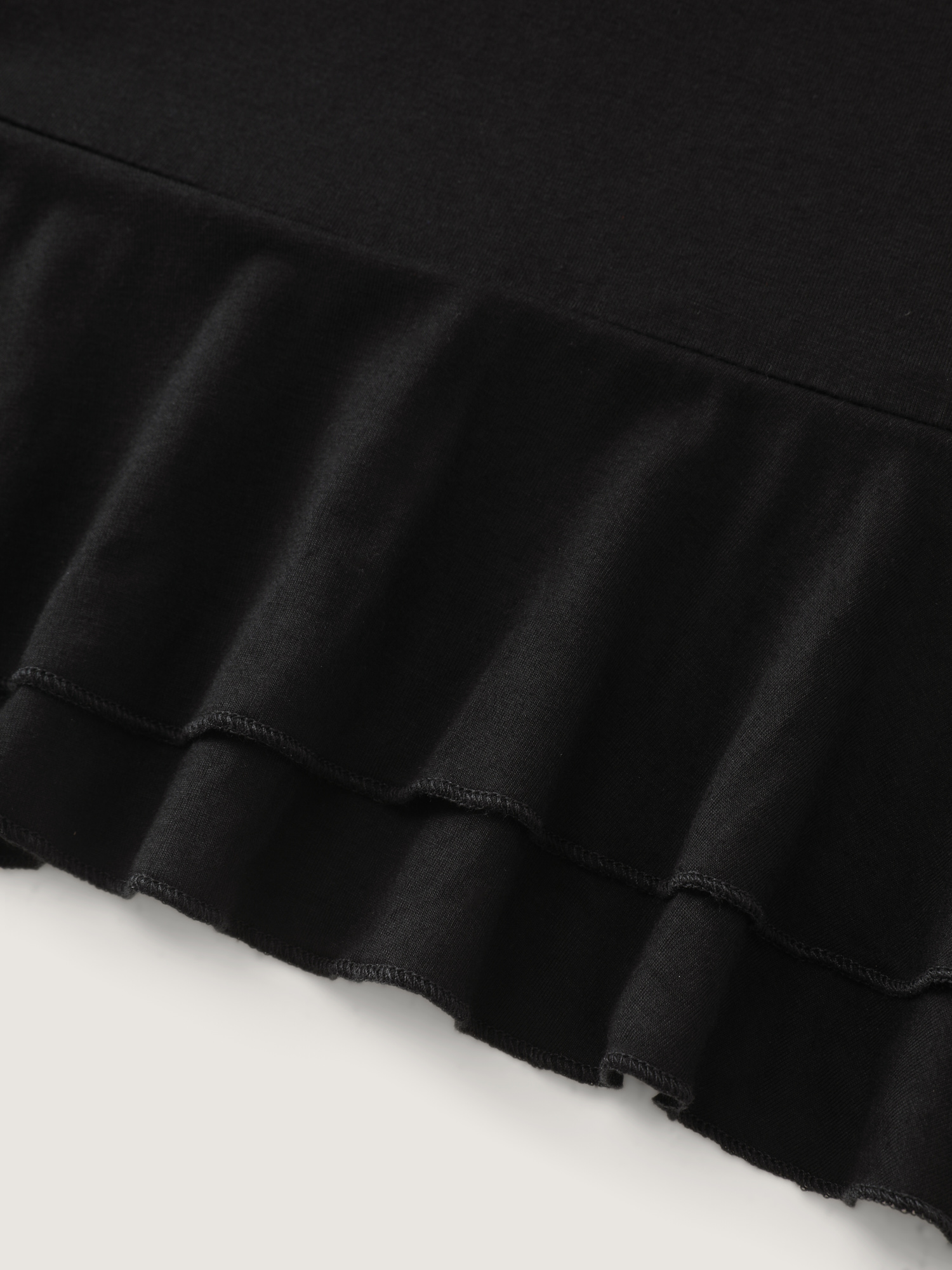 Side view of BloomChic Women's Plus Size Supersoft Stretchy Ruffled Neckline Lounge Dress Black not graphics Knee Length 28/5X