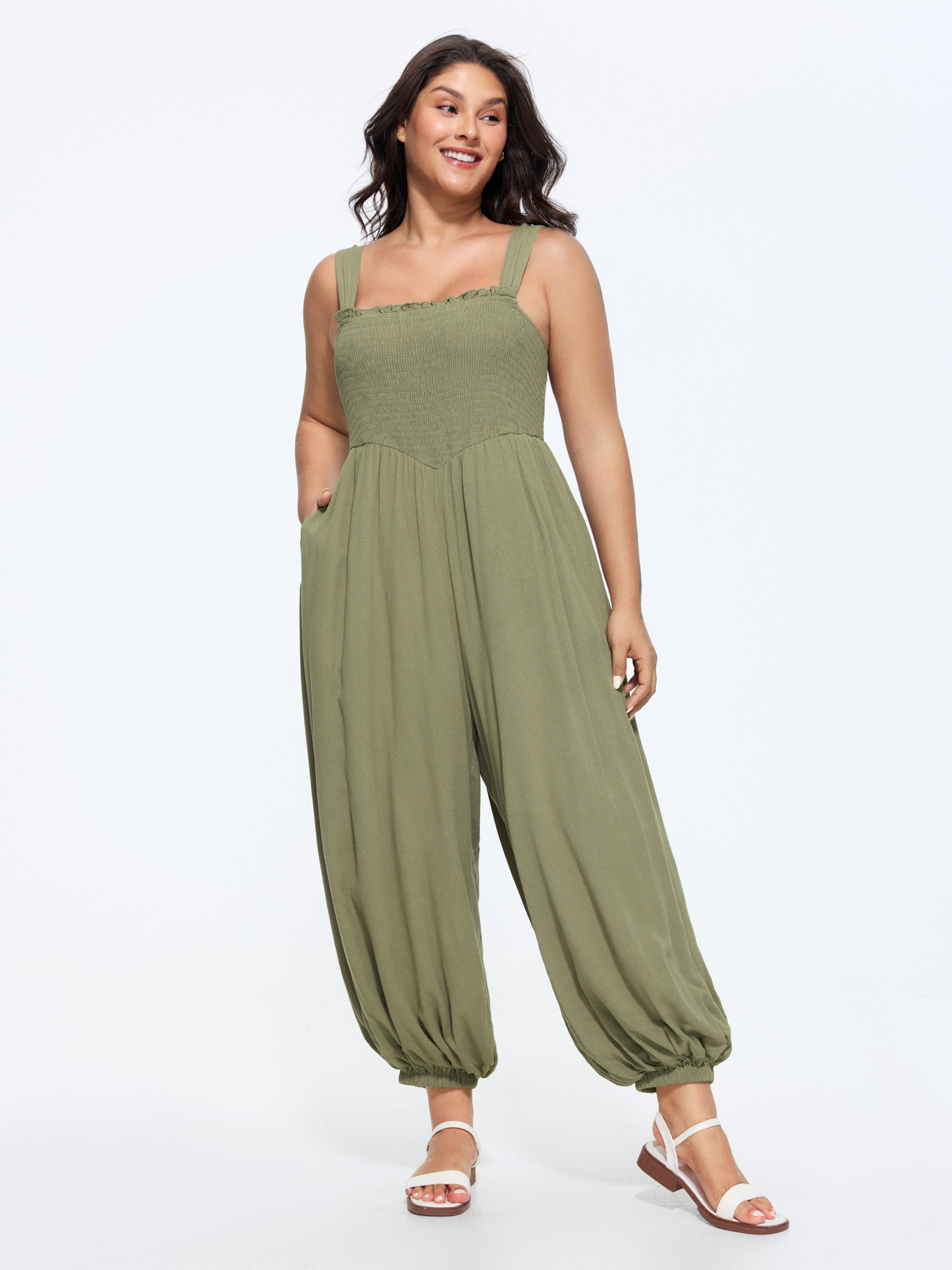BloomChic Women's Plus Size Shirred Bodice Cuffed Hem Jumpsuit Sage Casual 26/4X-image-48352019906730