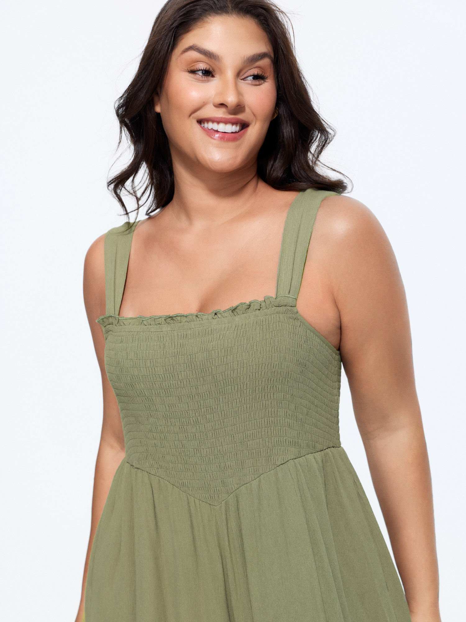 Side view of BloomChic Women's Plus Size Shirred Bodice Cuffed Hem Jumpsuit Sage Casual 26/4X