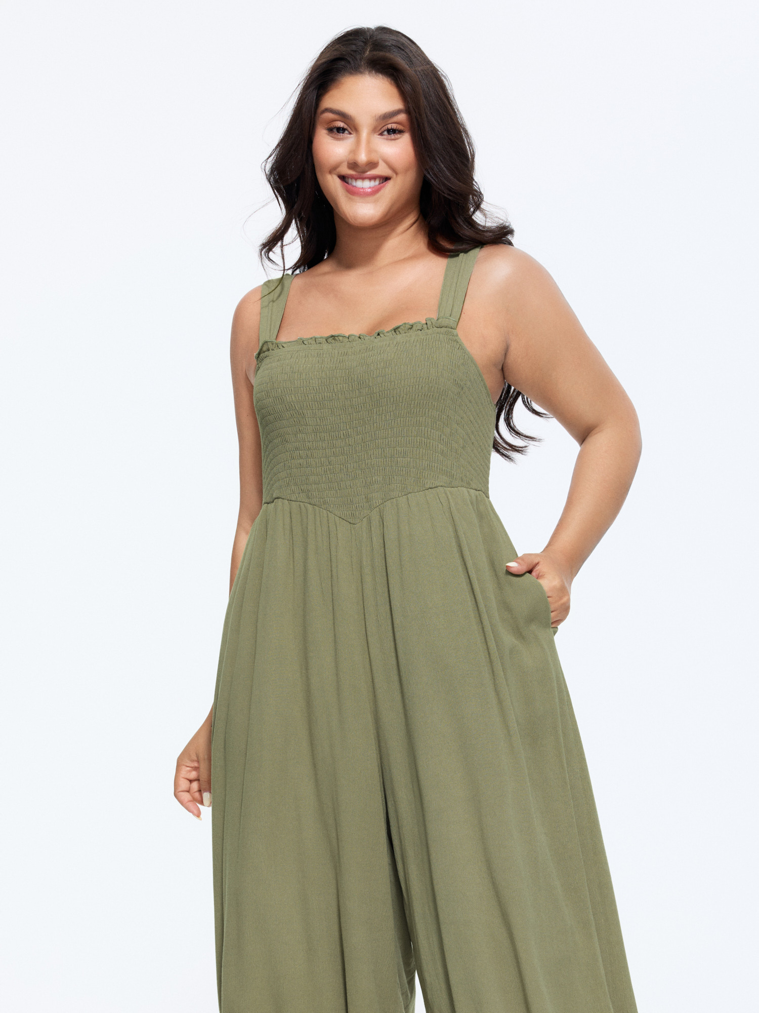 Side view of BloomChic Women's Plus Size Shirred Bodice Cuffed Hem Jumpsuit Sage Casual 26/4X