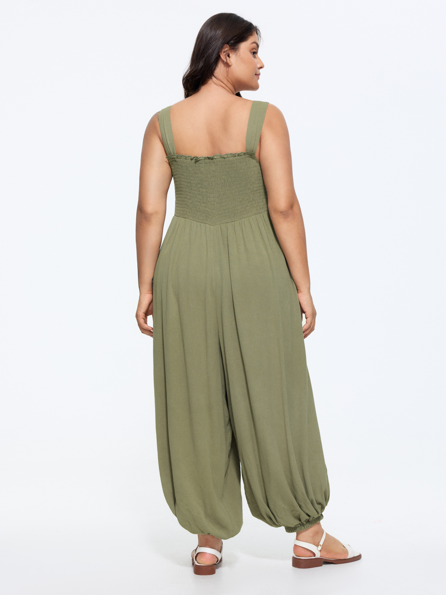 Side view of BloomChic Women's Plus Size Shirred Bodice Cuffed Hem Jumpsuit Sage Casual 26/4X