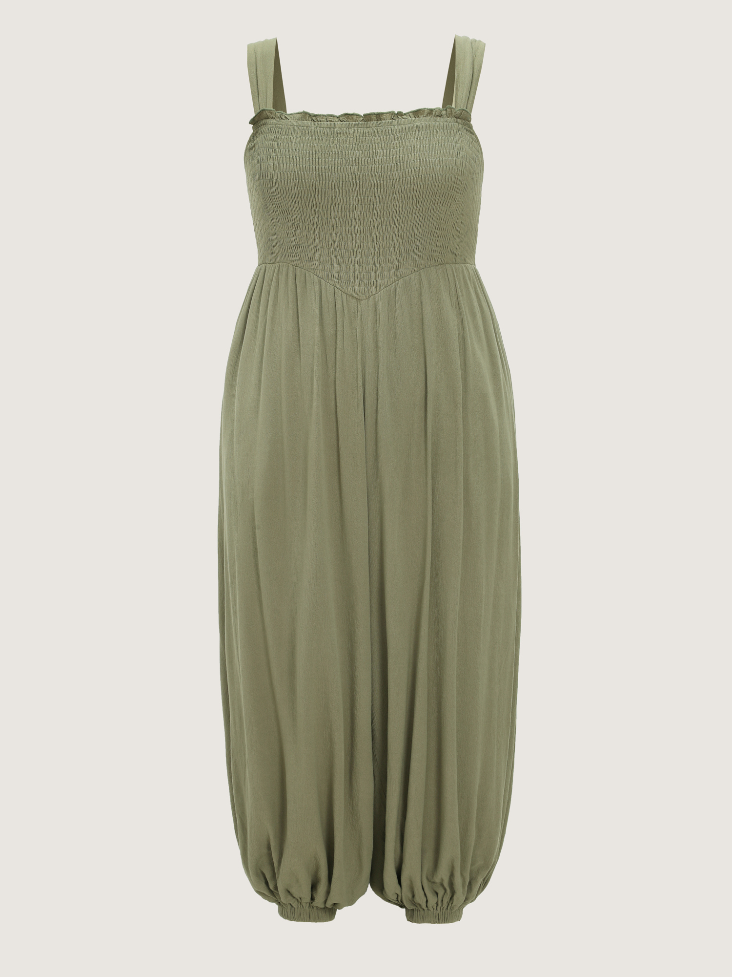 Side view of BloomChic Women's Plus Size Shirred Bodice Cuffed Hem Jumpsuit Sage Casual 26/4X