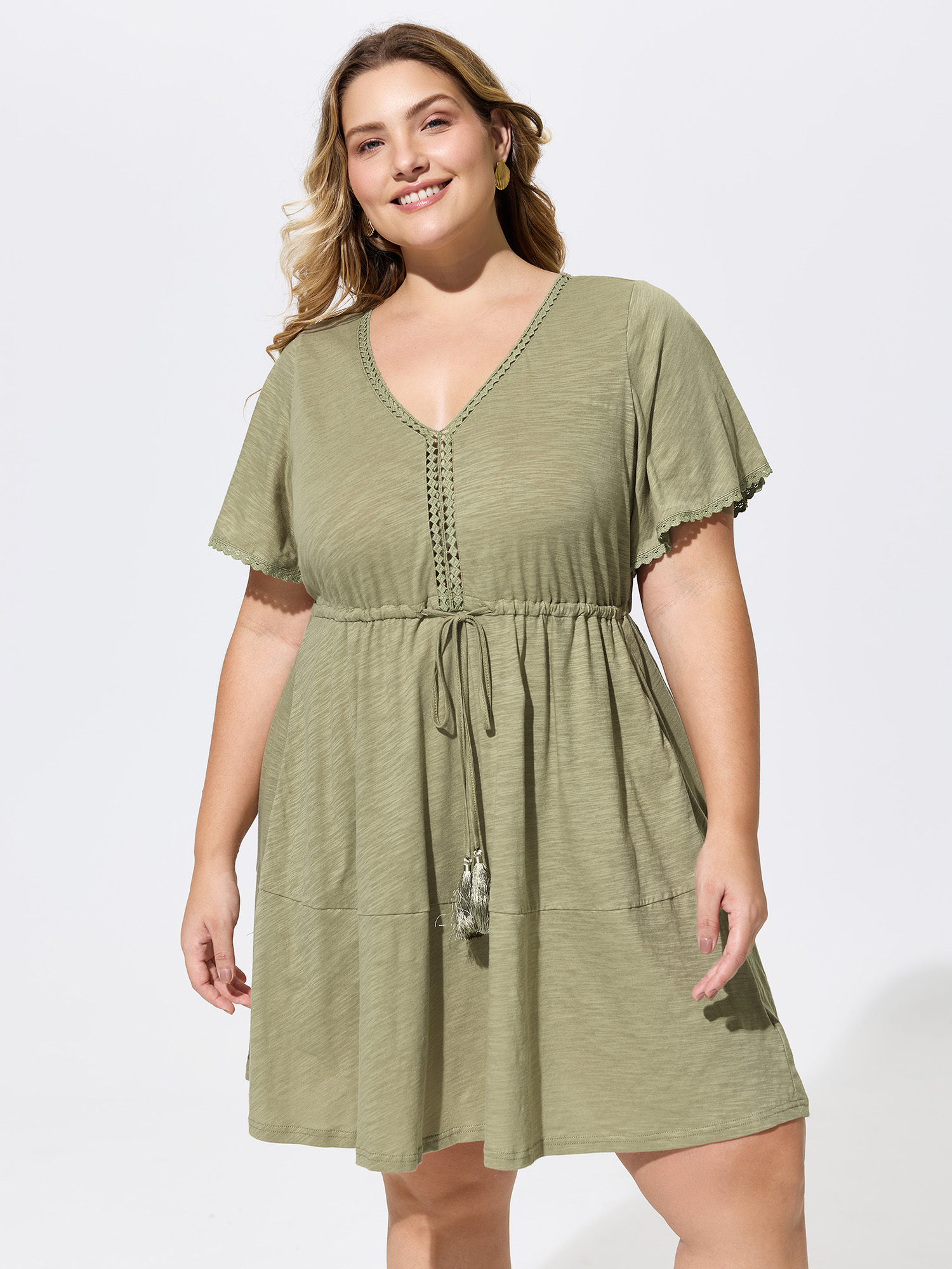 BloomChic Women's Plus Size Cotton Drawstring Waist Easy-Fit Knit Mini Dress Sage Vacation Knee Length Patchwork V-Neck 10/M