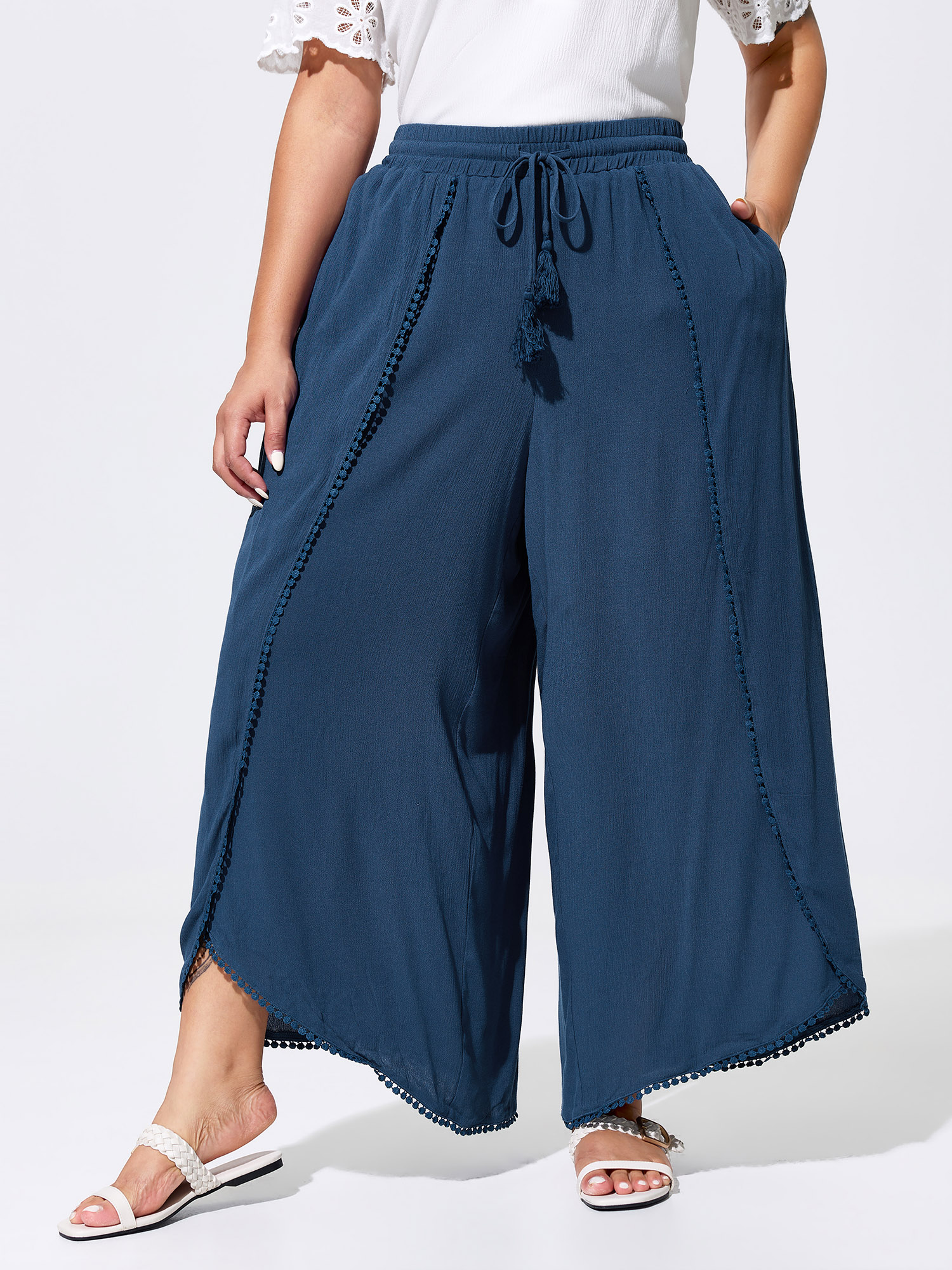 BloomChic Women's Plus Size Lace Drawstring Waist Petal Hem Pants Mediumblue Solid Wide leg High Rise 10/M