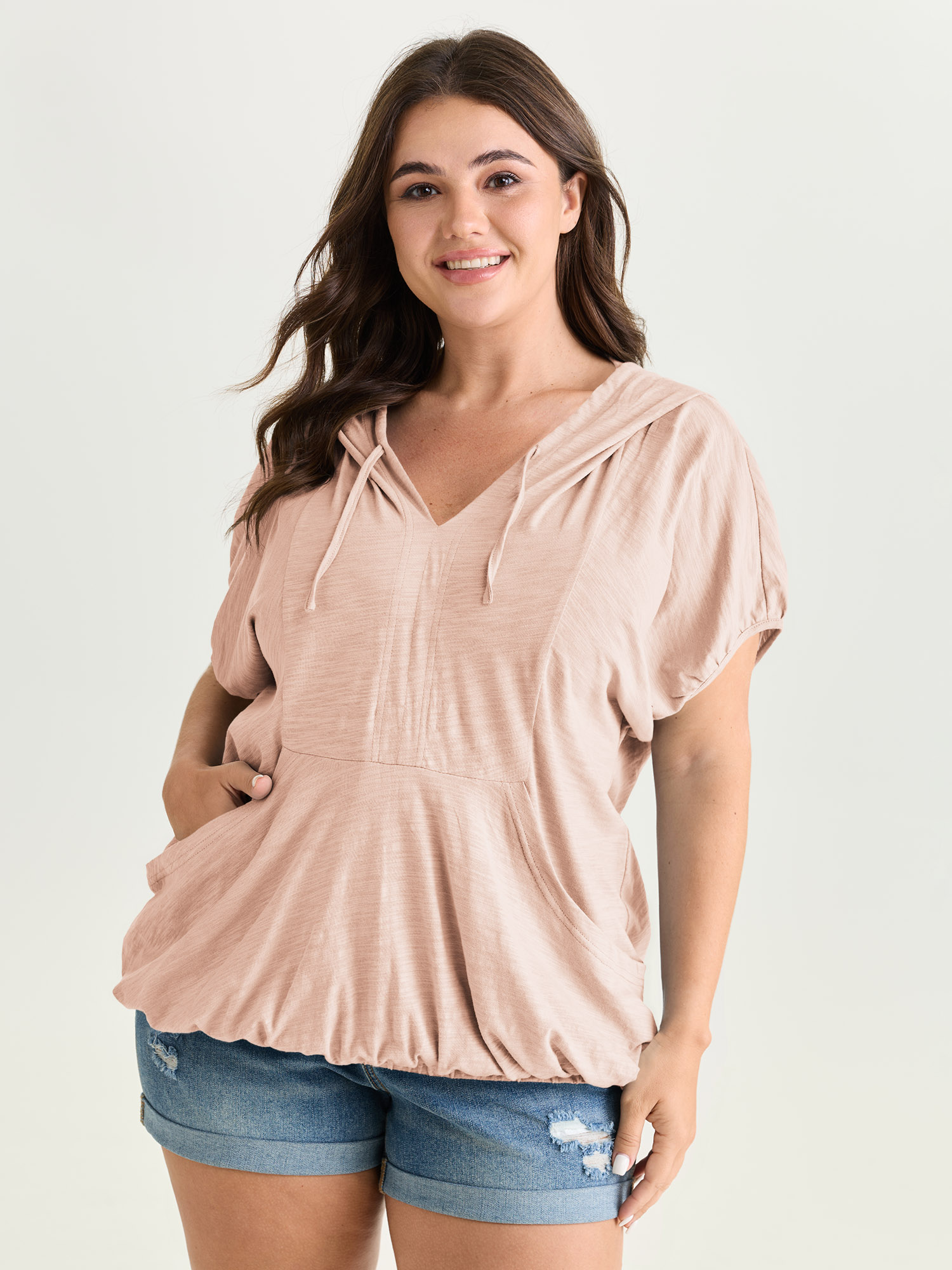 Bloomchic Pure Cotton Bubble Hem Hooded Knit Top In Pink
