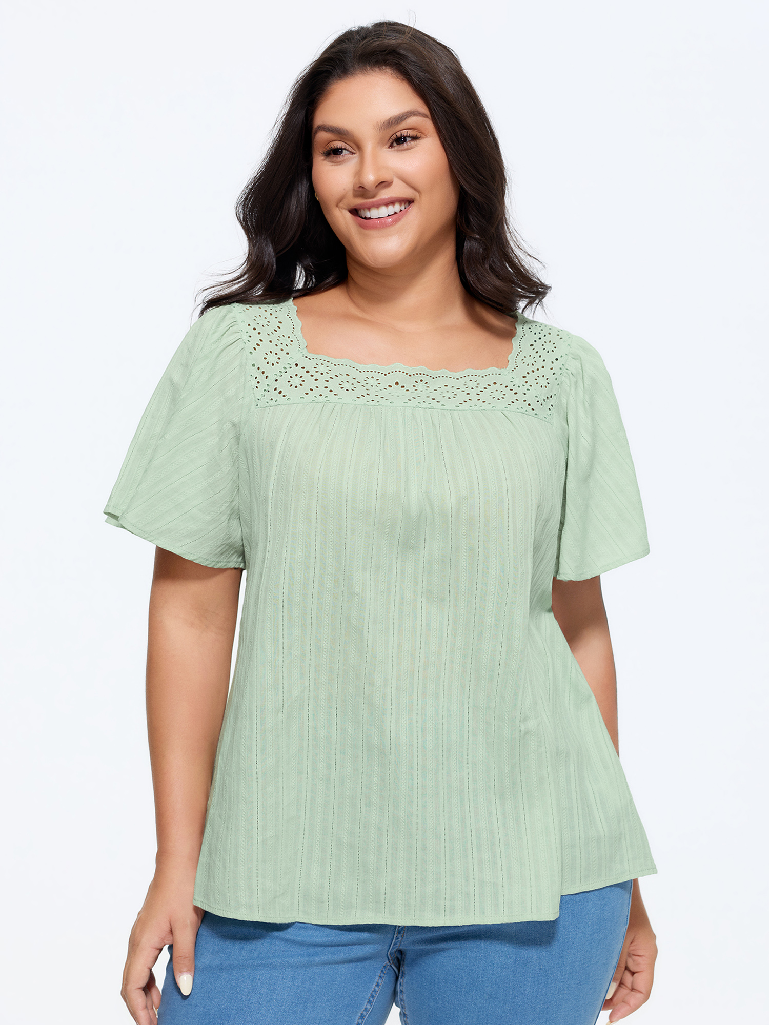 BloomChic Women's Plus Size Cotton Lace Neckline Flared Sleeve Blouse Mint Solid Everyday-Casual Short sleeve Square Neck 22-24/3X