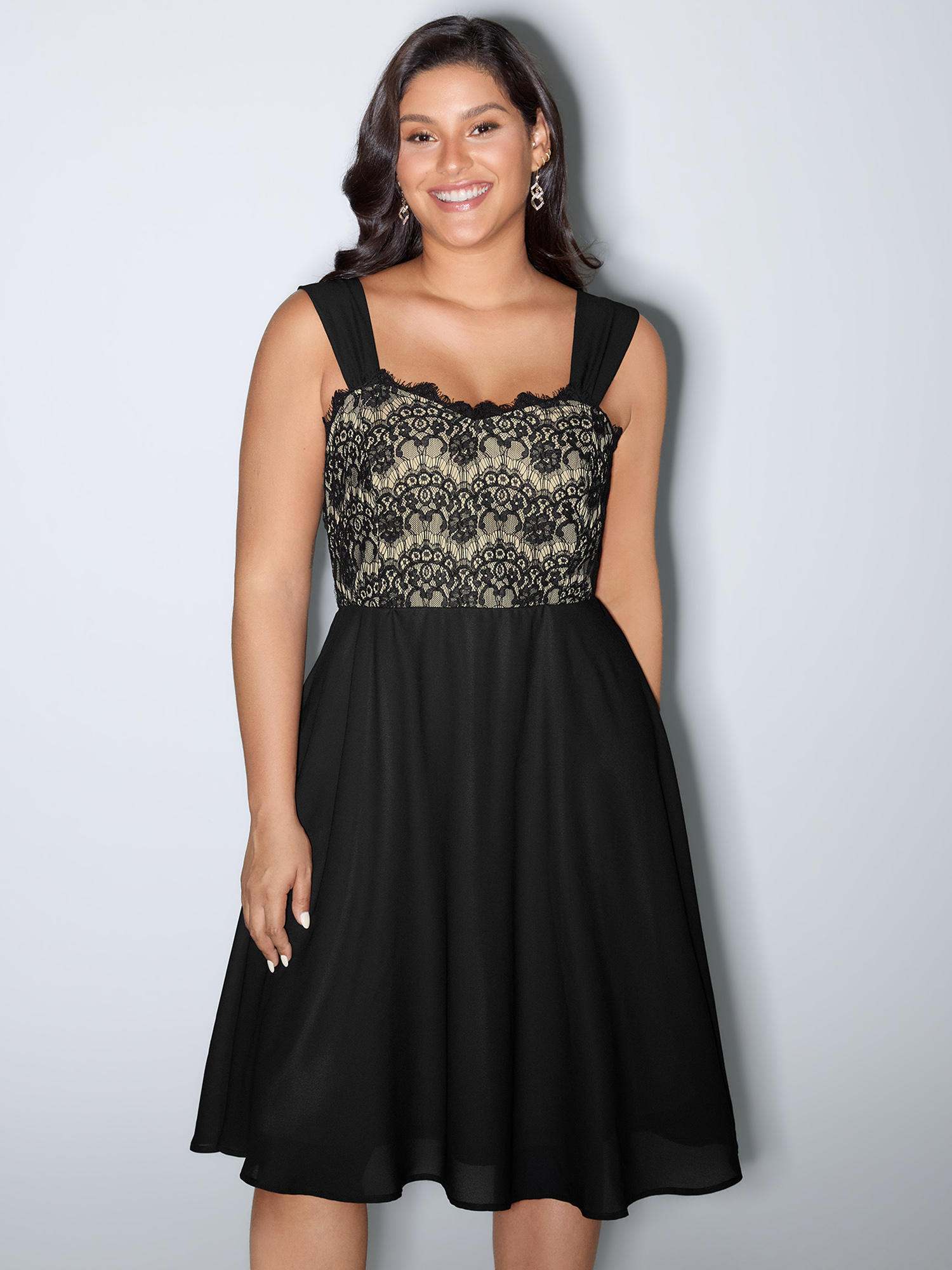 BloomChic Women's Plus Size Lace Textured Wide Straps Midi Dress Black Party Midi Patchwork Sweetheart Neck 12/L-image-48352698204330
