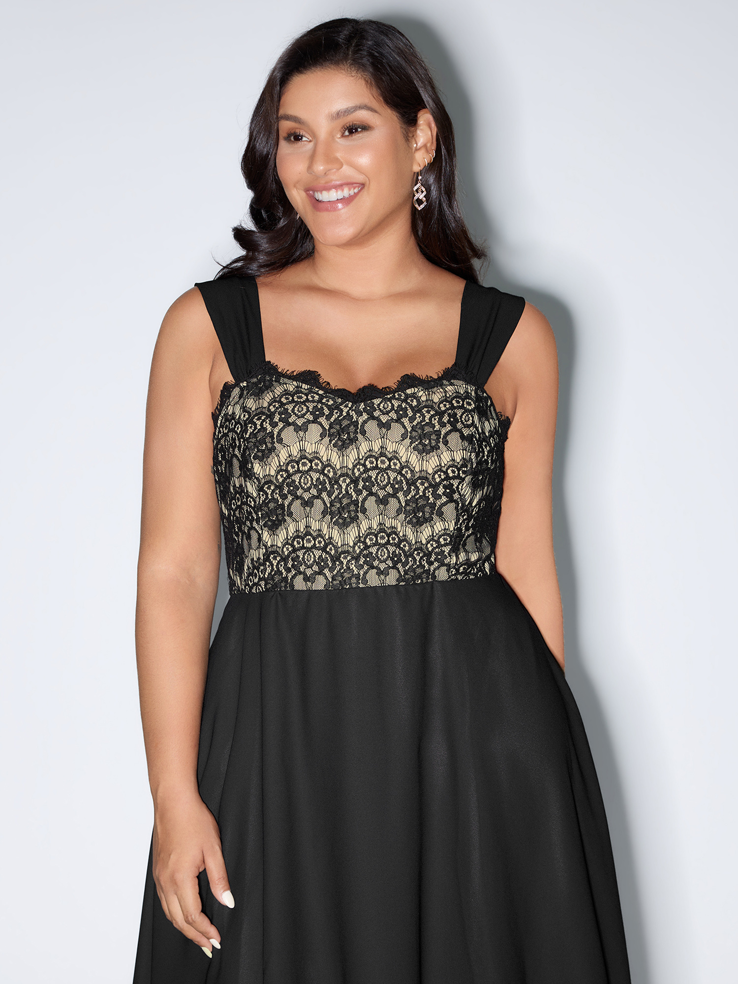 Side view of BloomChic Women's Plus Size Lace Textured Wide Straps Midi Dress Black Party Midi Patchwork Sweetheart Neck 22-24/3X