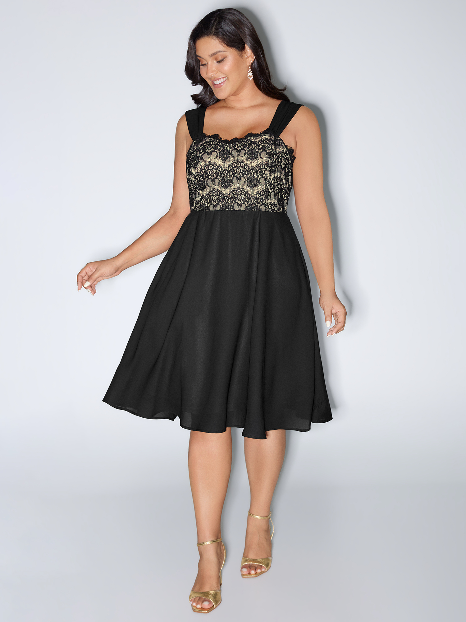 Side view of BloomChic Women's Plus Size Lace Textured Wide Straps Midi Dress Black Party Midi Patchwork Sweetheart Neck 22-24/3X