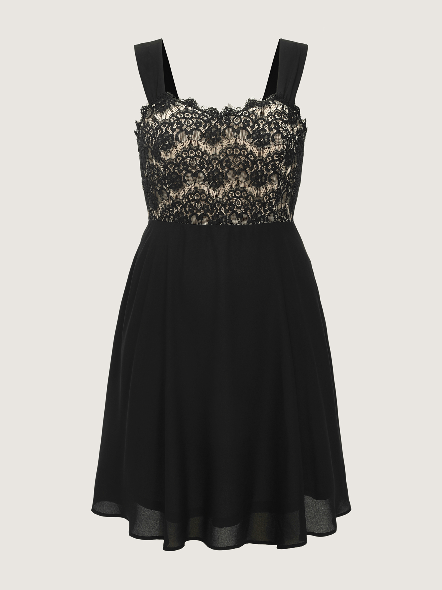 Side view of BloomChic Women's Plus Size Lace Textured Wide Straps Midi Dress Black Party Midi Patchwork Sweetheart Neck 22-24/3X