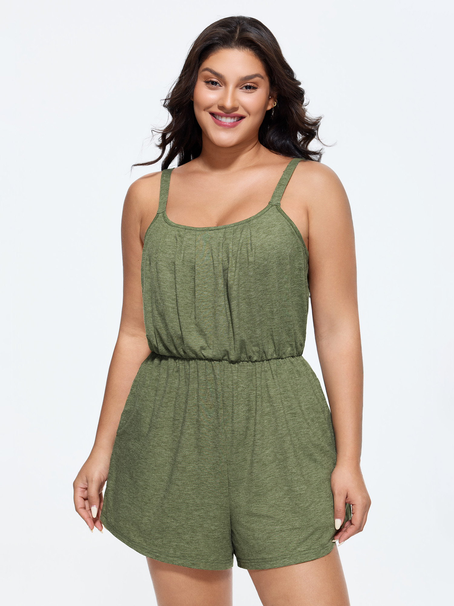 BloomChic Women's Plus Size Supersoft Adjustable Relaxed-Fit Lounge Romper Sage not graphics short 12/L-image-48352694763690