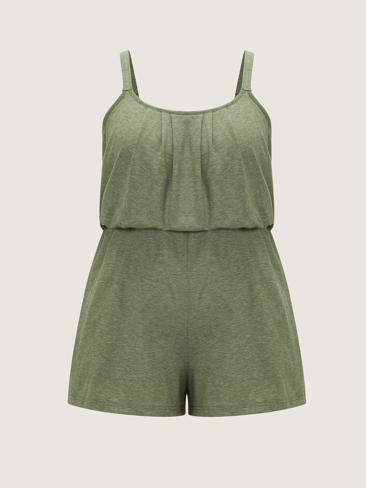 Side view of BloomChic Women's Plus Size Supersoft Adjustable Relaxed-Fit Lounge Romper Sage not graphics short 26/4X