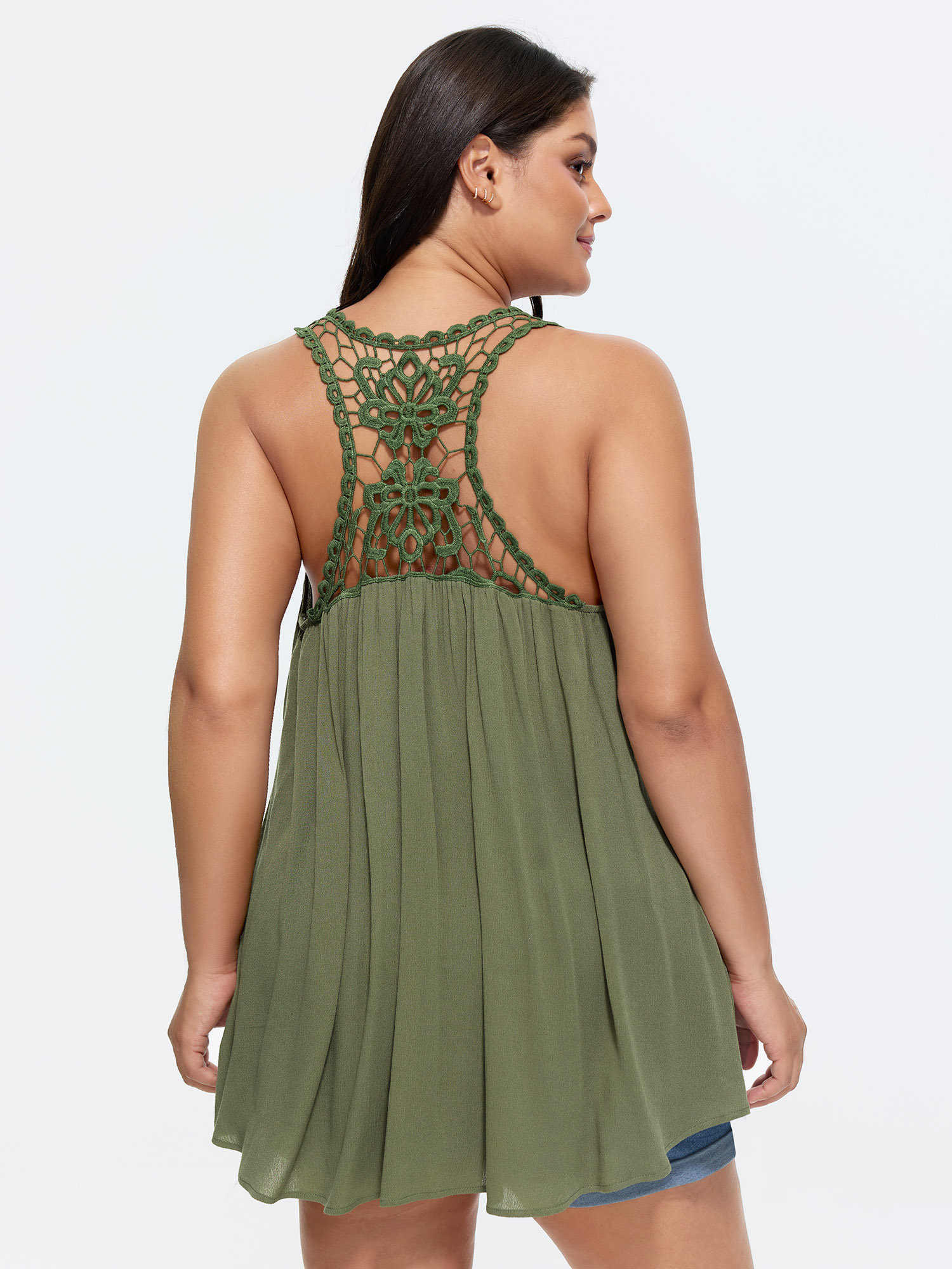 BloomChic Women's Plus Size Back Cut-Out Flowy Plain Tank Top Sage Everyday-Casual Relaxed Fit A-line Round Neck 10/M